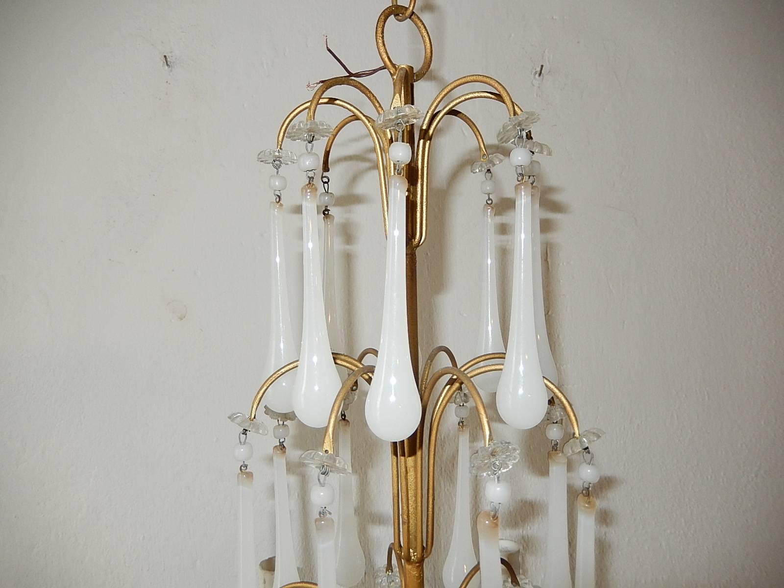 Early 20th Century 1930 French White Opaline Bobeches, Beads and Drops Chandelier