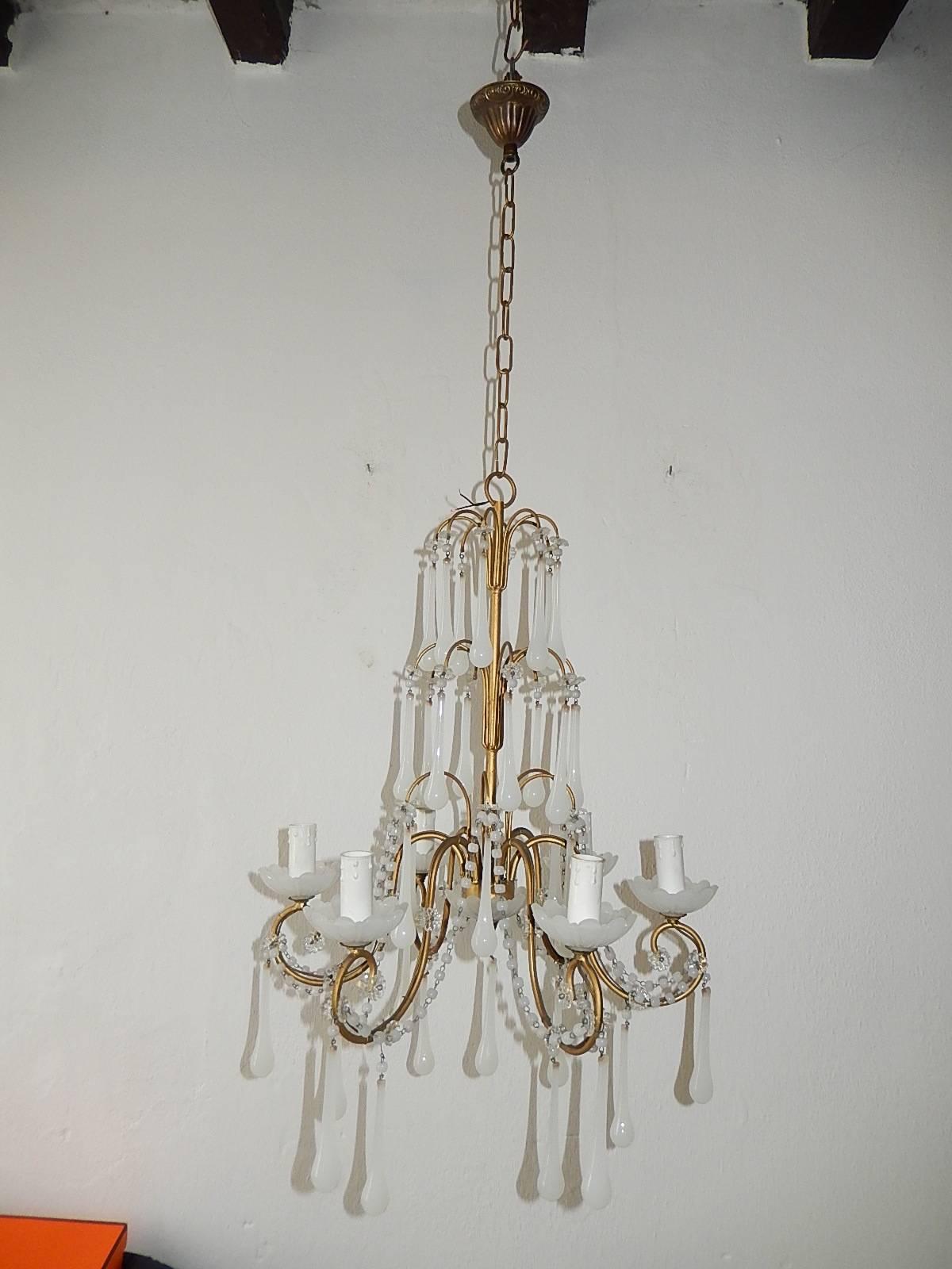 1930 French White Opaline Bobeches, Beads and Drops Chandelier 1