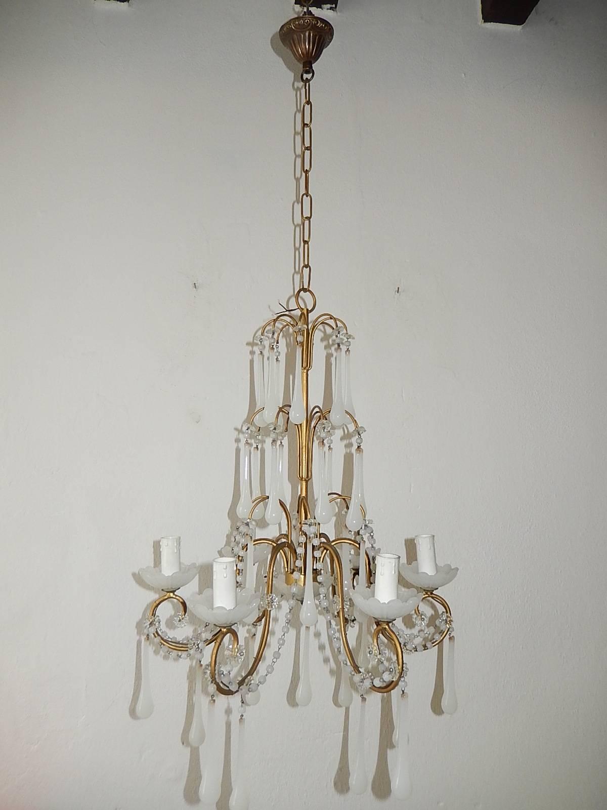 1930 French White Opaline Bobeches, Beads and Drops Chandelier 2