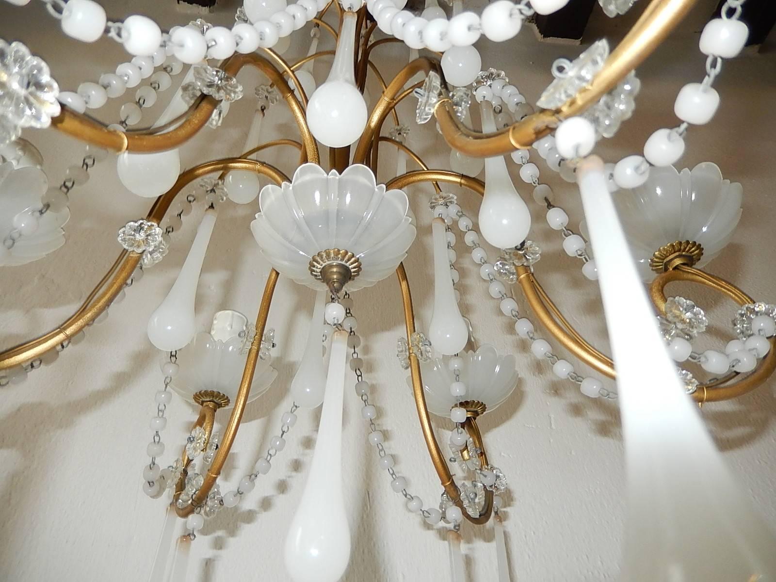1930 French White Opaline Bobeches, Beads and Drops Chandelier 3