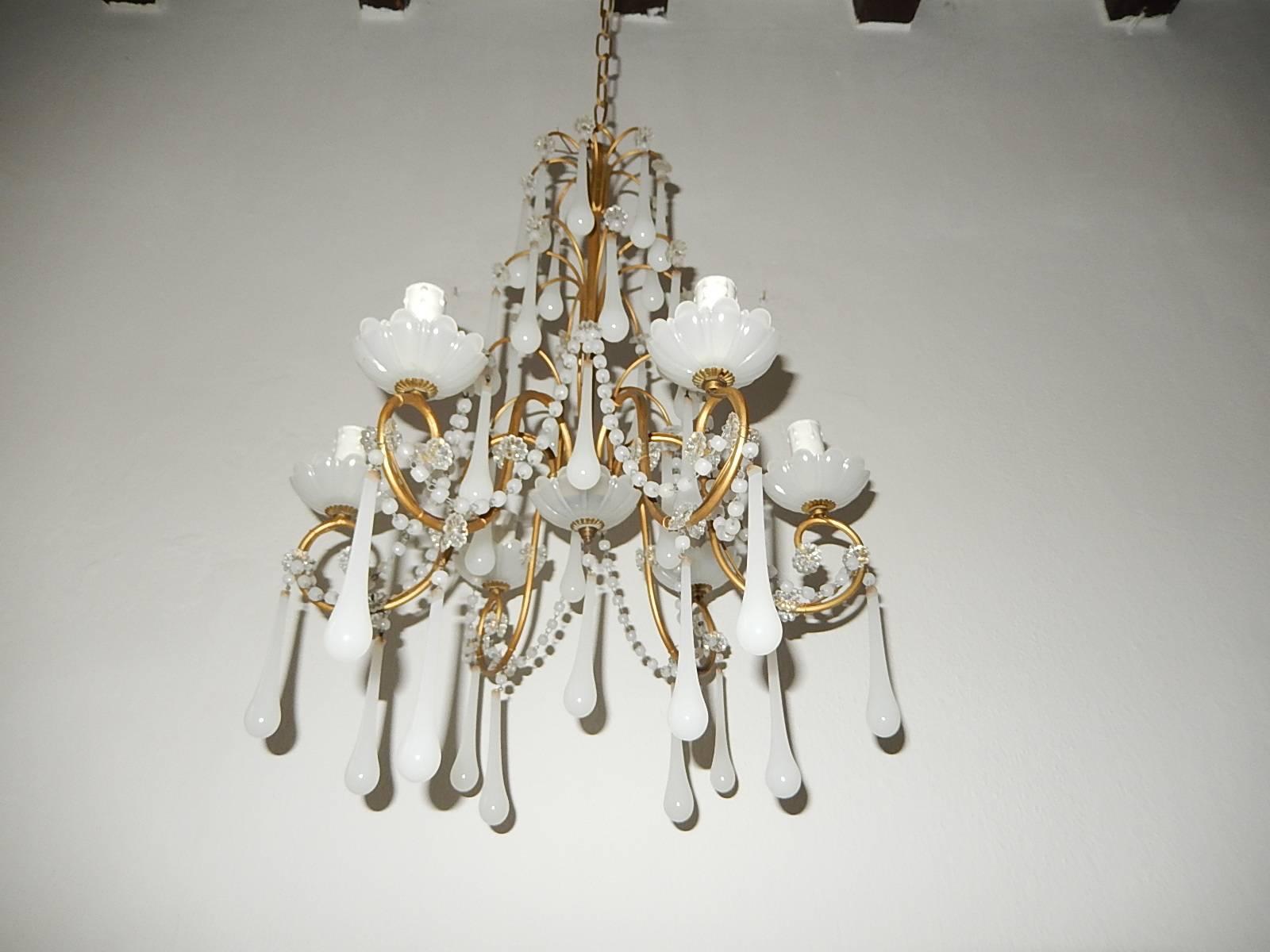 1930 French White Opaline Bobeches, Beads and Drops Chandelier 4