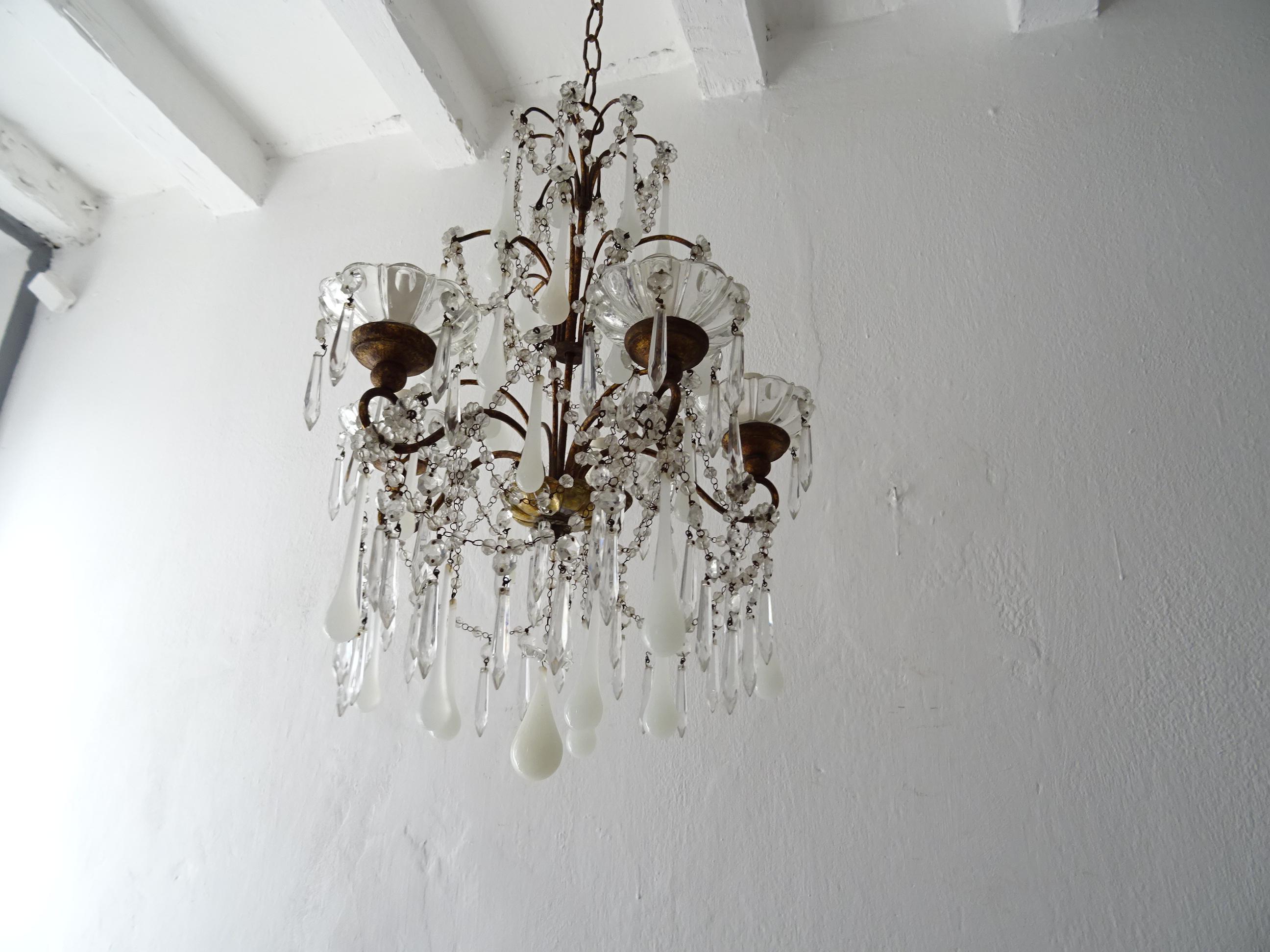 1930 French White Opaline Murano Drops Crystal Swags Darling Chandelier c. 1920 For Sale 6