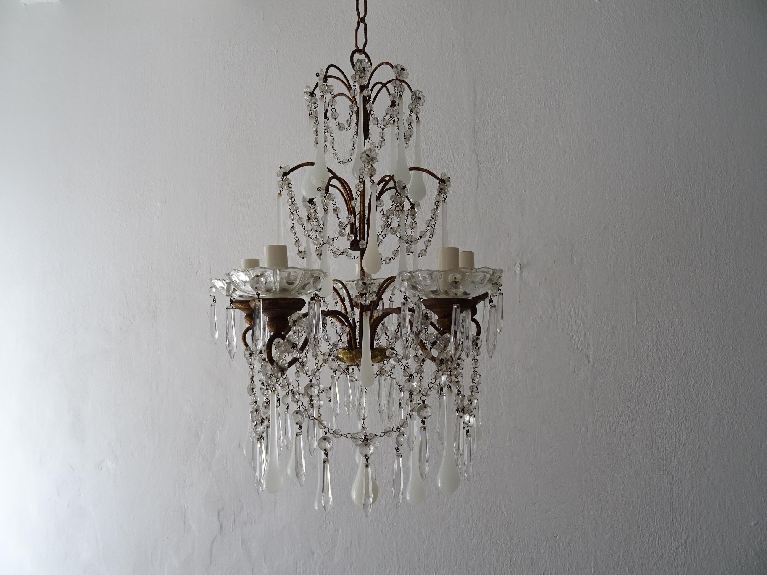 1930 French White Opaline Murano Drops Crystal Swags Darling Chandelier c. 1920 For Sale 7