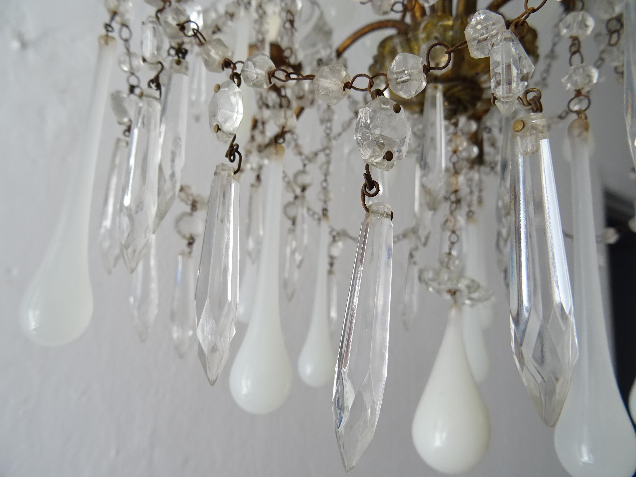 1930 French White Opaline Murano Drops Crystal Swags Darling Chandelier c. 1920 In Good Condition For Sale In Modena (MO), Modena (Mo)