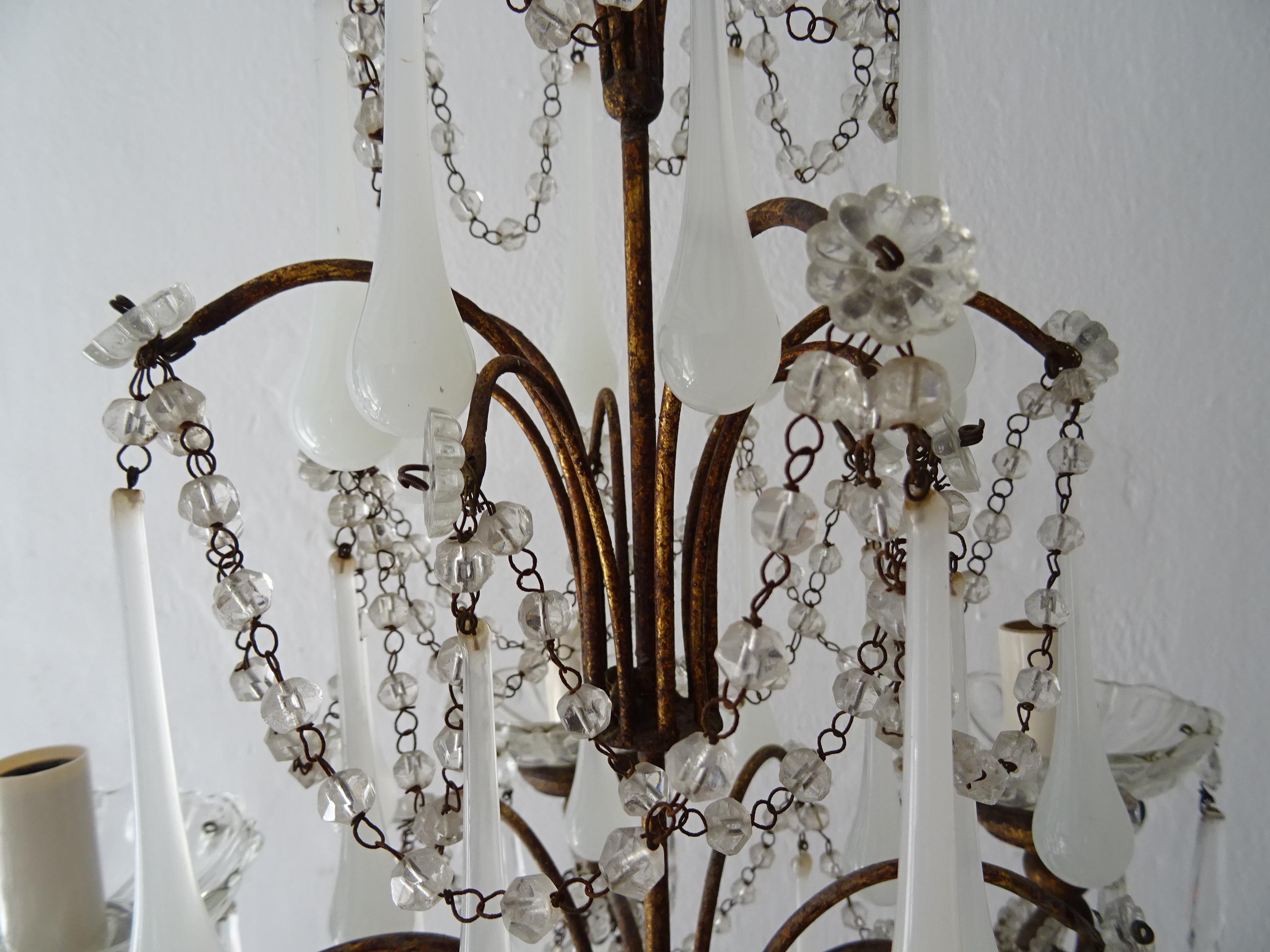 Early 20th Century 1930 French White Opaline Murano Drops Crystal Swags Darling Chandelier c. 1920 For Sale