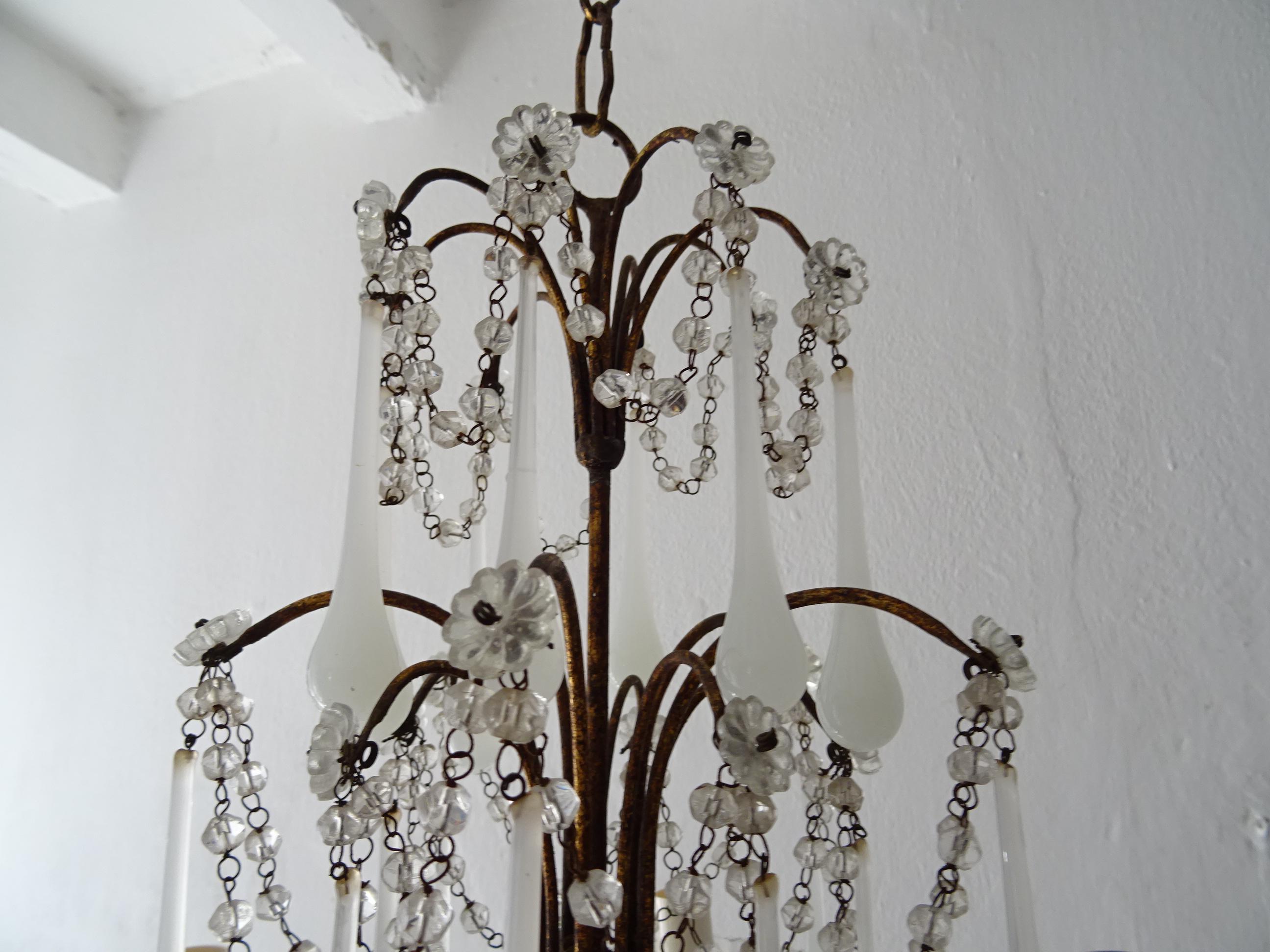 1930 French White Opaline Murano Drops Crystal Swags Darling Chandelier c. 1920 For Sale 1