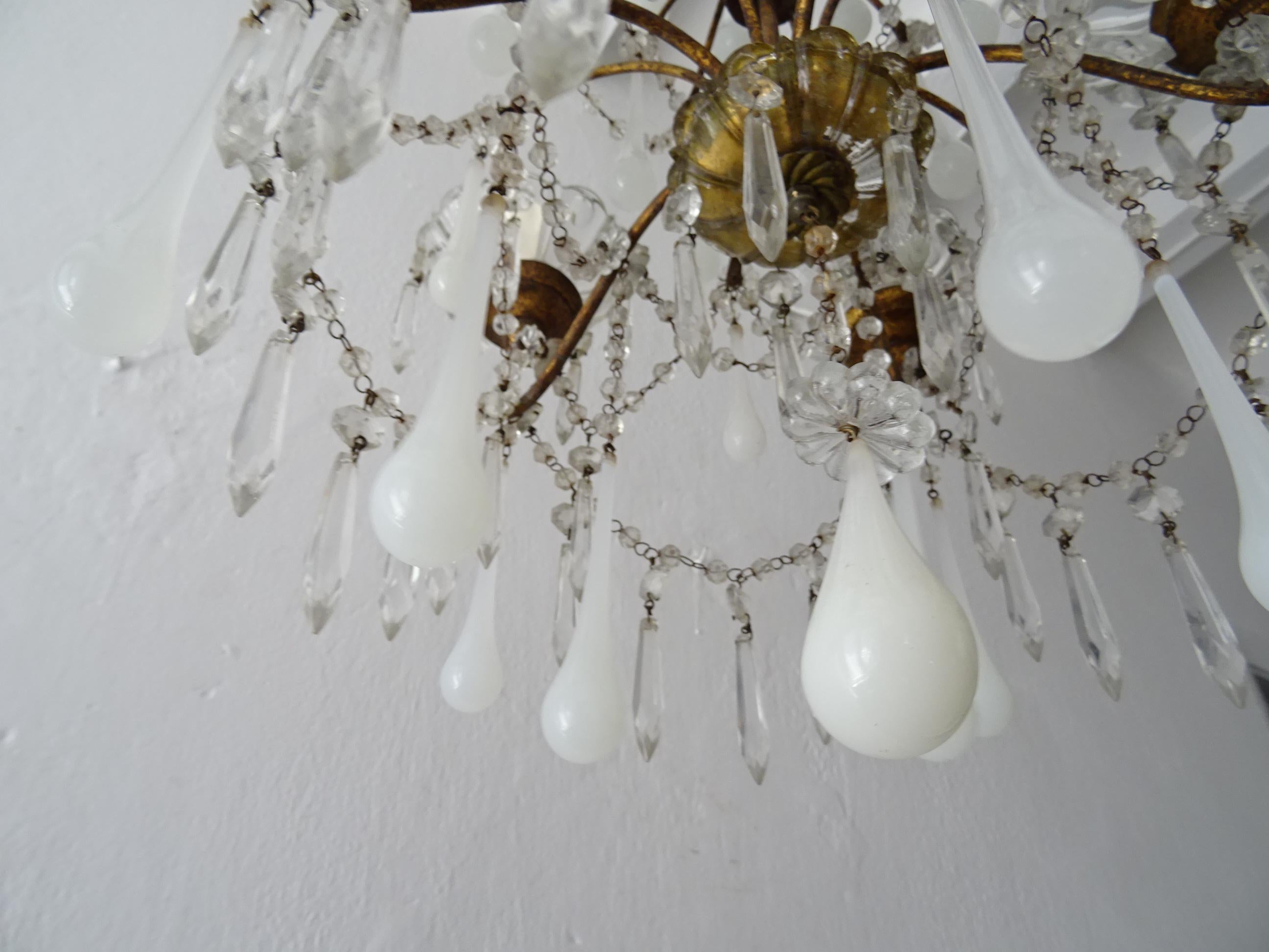 1930 French White Opaline Murano Drops Crystal Swags Darling Chandelier c. 1920 For Sale 3