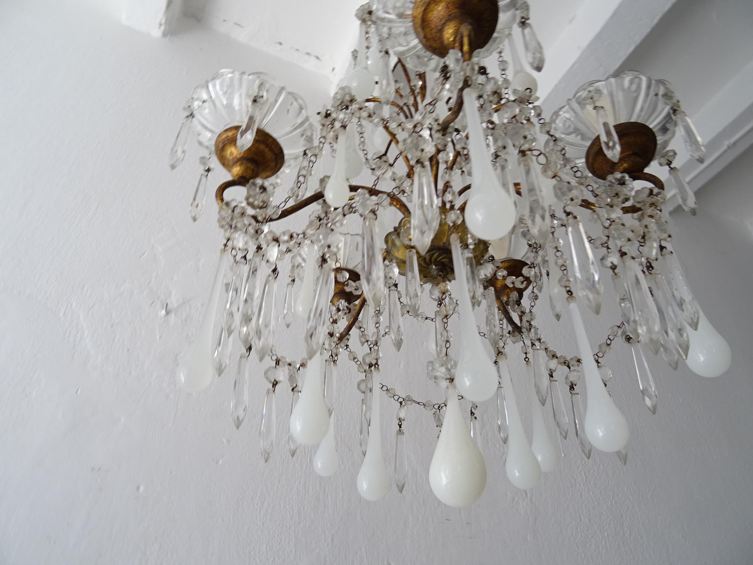 1930 French White Opaline Murano Drops Crystal Swags Darling Chandelier c. 1920 For Sale 4