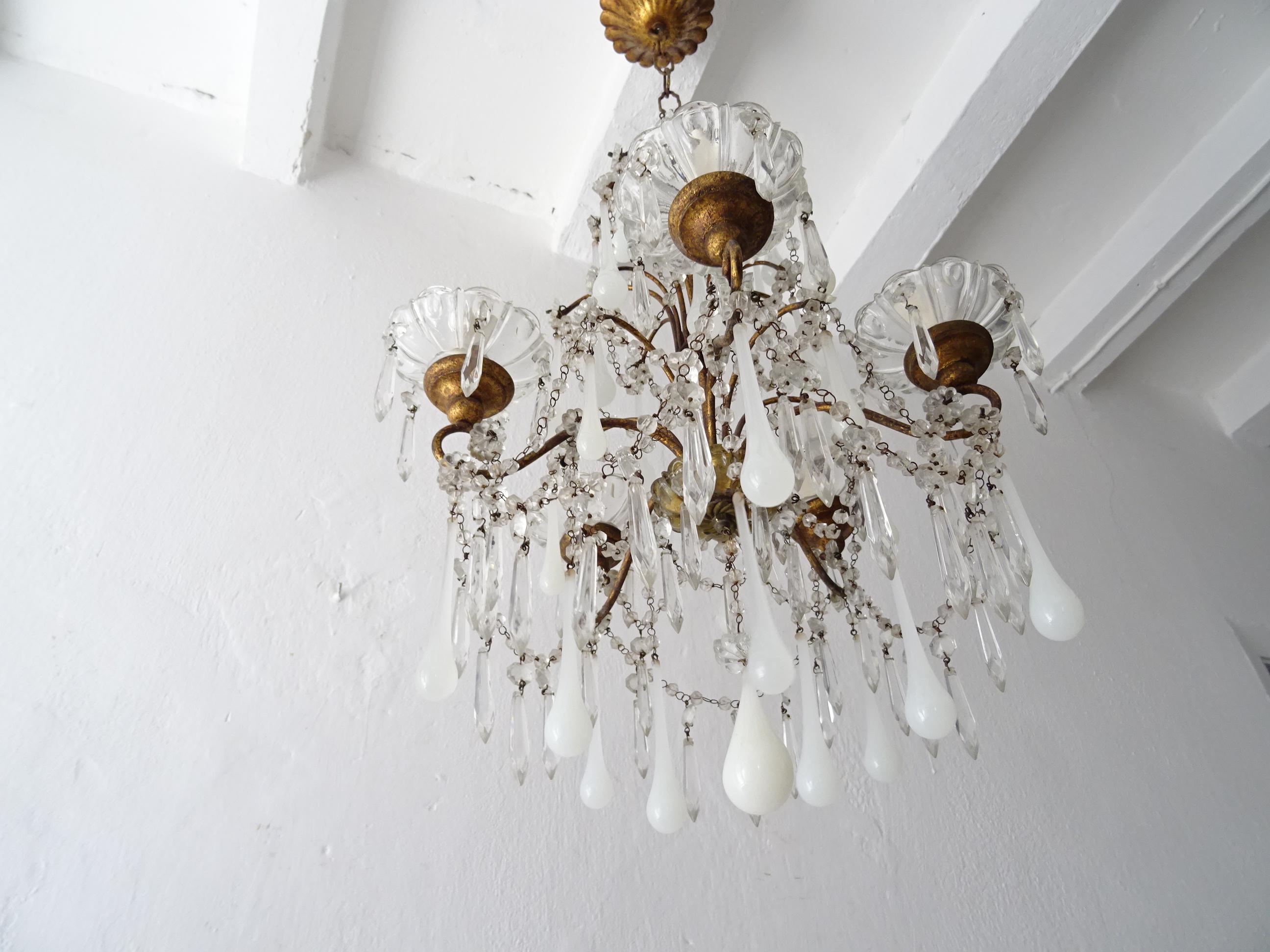 1930 French White Opaline Murano Drops Crystal Swags Darling Chandelier c. 1920 For Sale 5