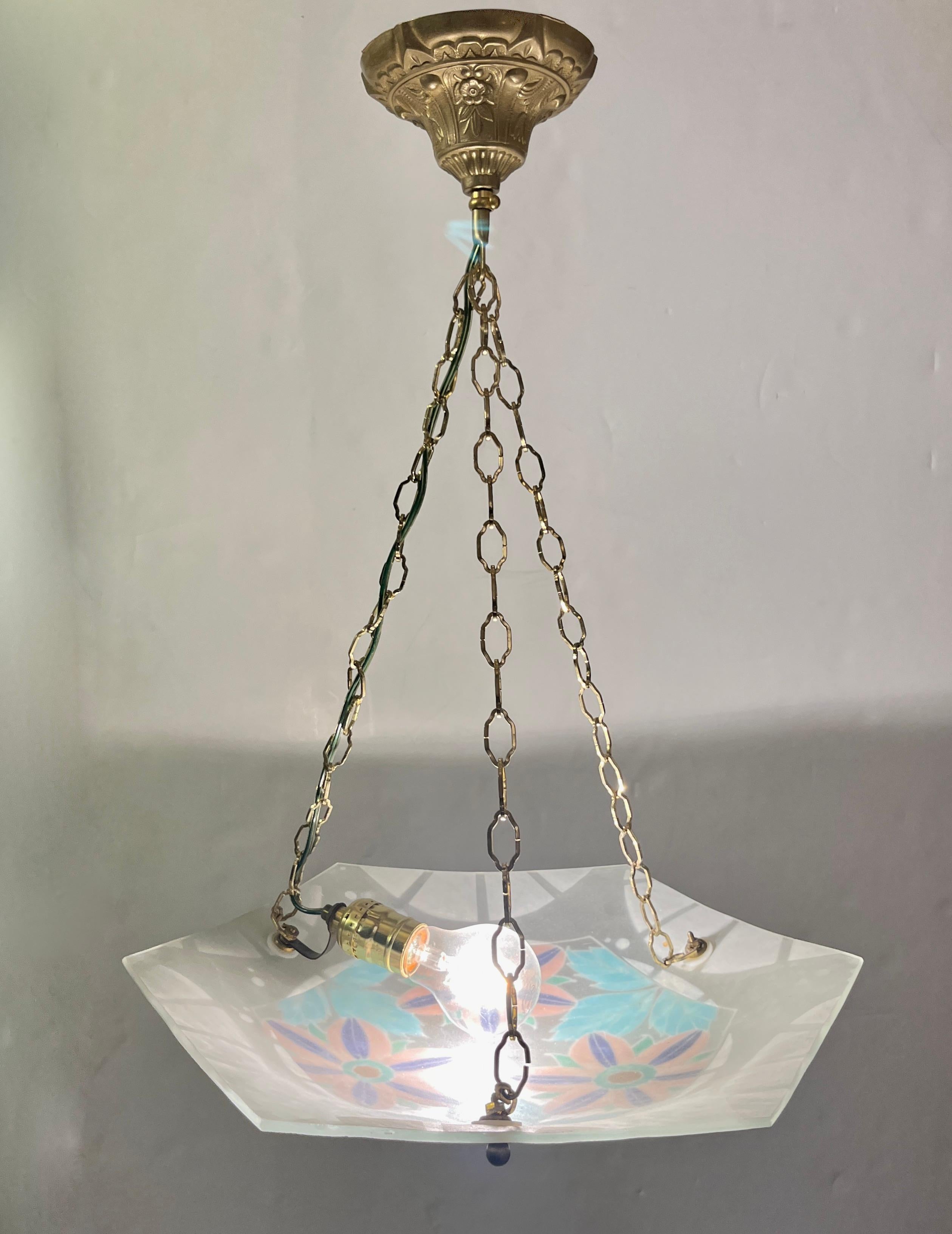 1930 French White Turquoise PinK Enamel Art Glass Brass Chain Pendant Chandelier For Sale 4