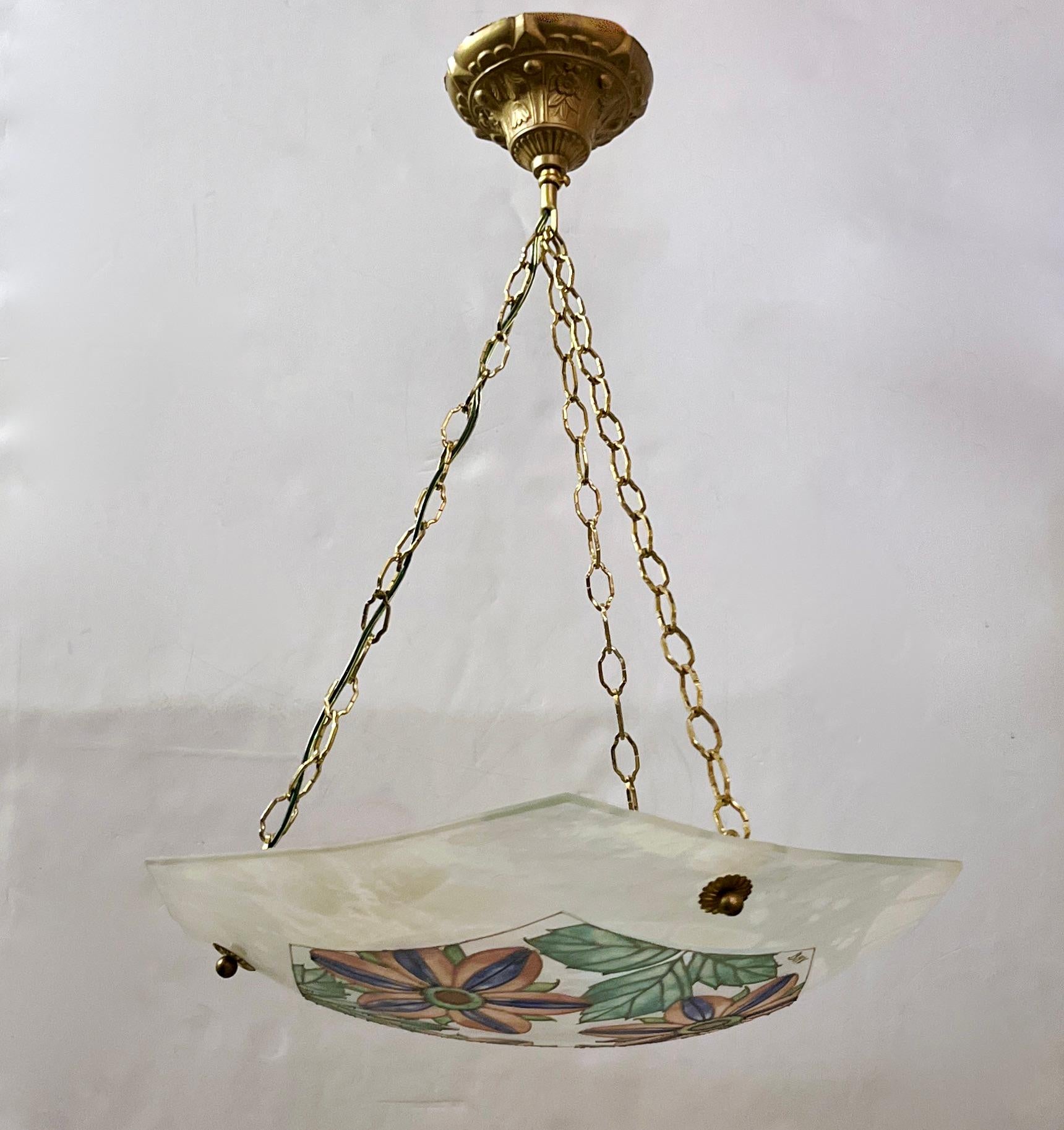 1930 French White Turquoise PinK Enamel Art Glass Brass Chain Pendant Chandelier For Sale 5