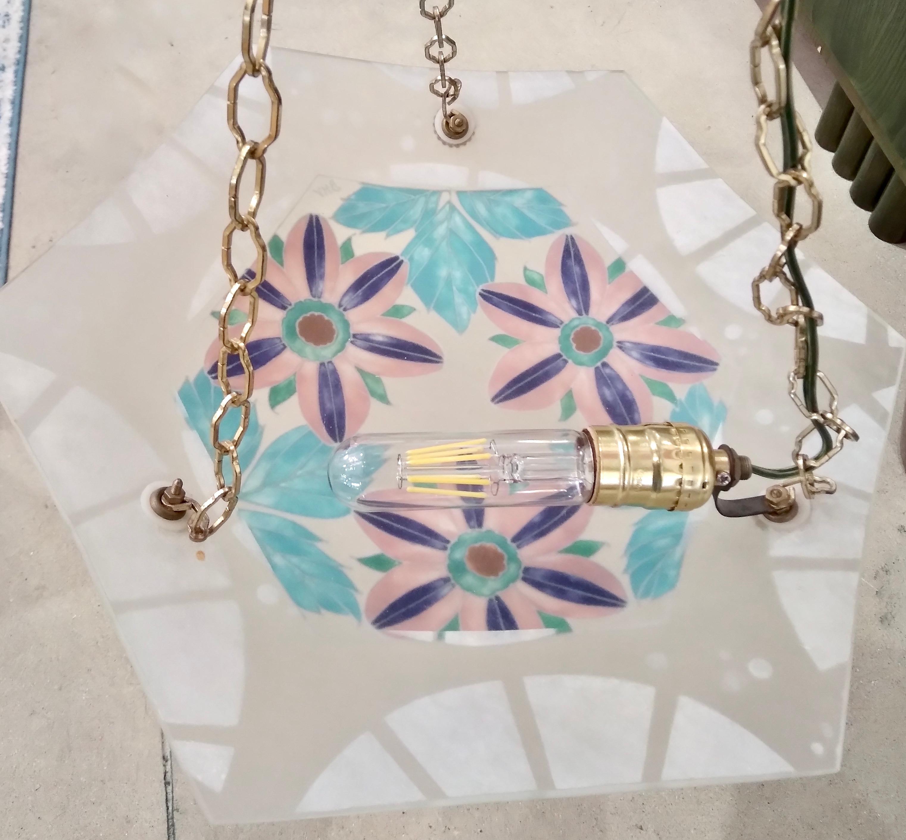1930 French White Turquoise PinK Enamel Art Glass Brass Chain Pendant Chandelier For Sale 6
