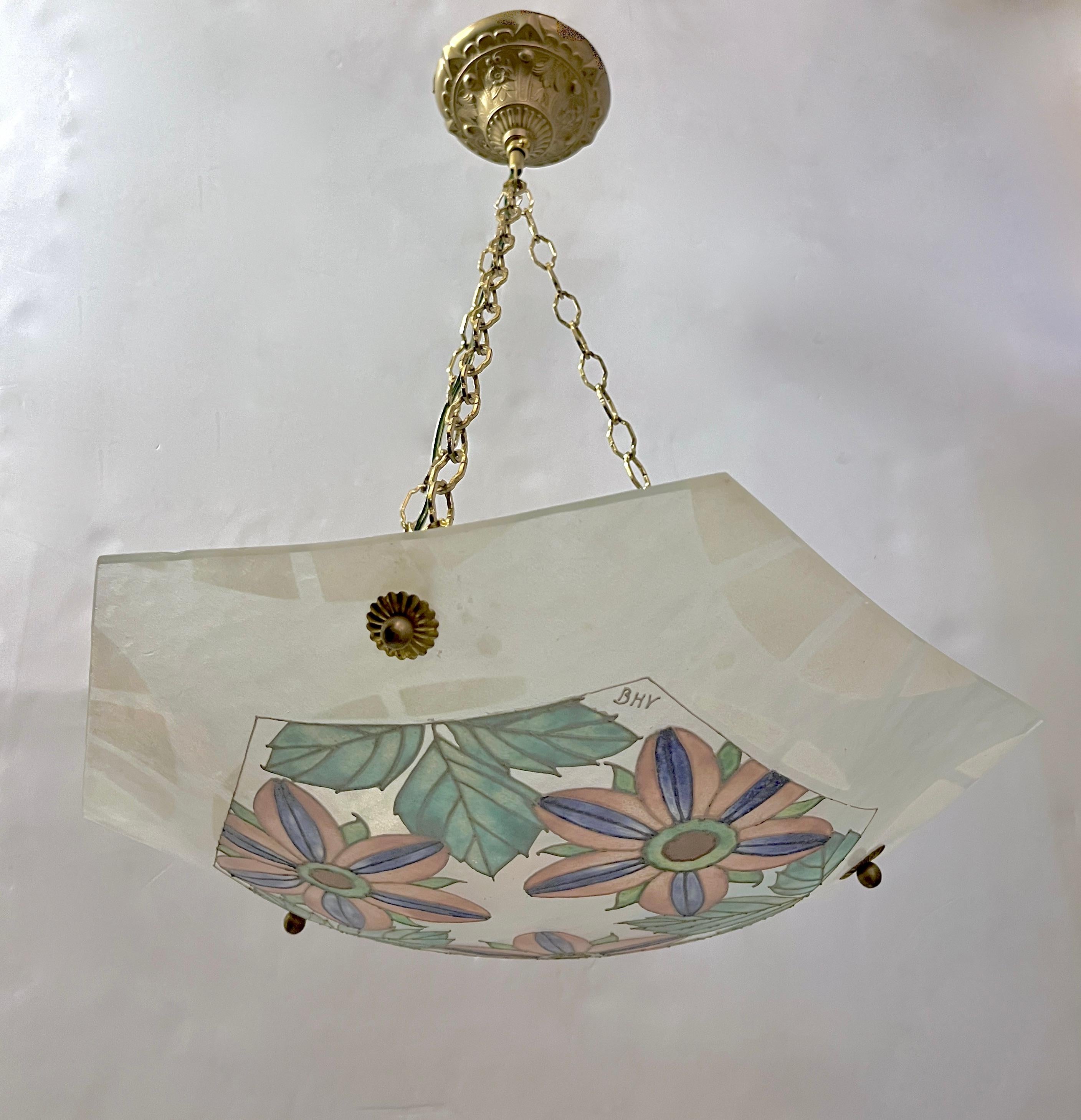 1930 French White Turquoise PinK Enamel Art Glass Brass Chain Pendant Chandelier For Sale 7
