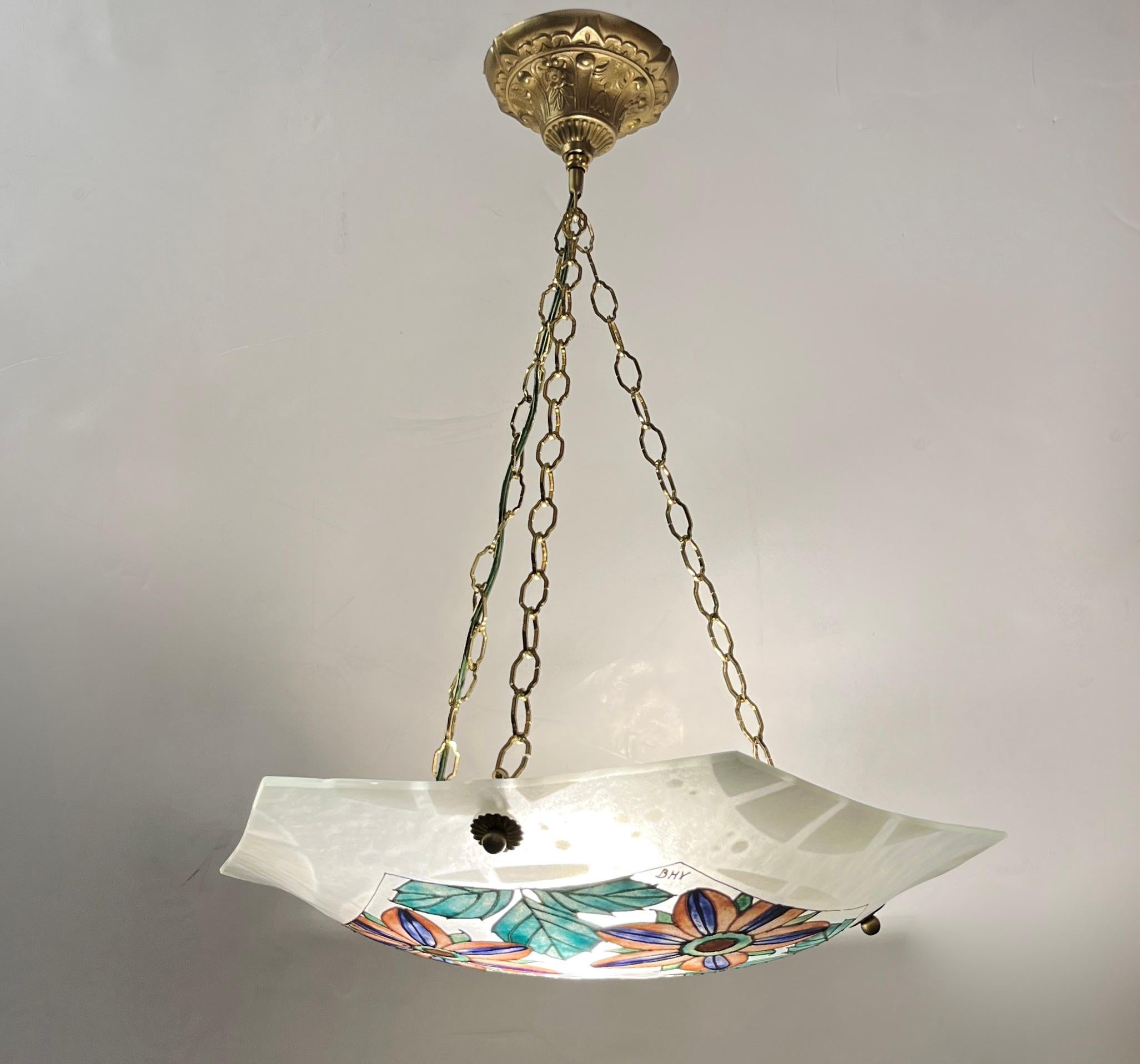 1930 French White Turquoise PinK Enamel Art Glass Brass Chain Pendant Chandelier For Sale 8
