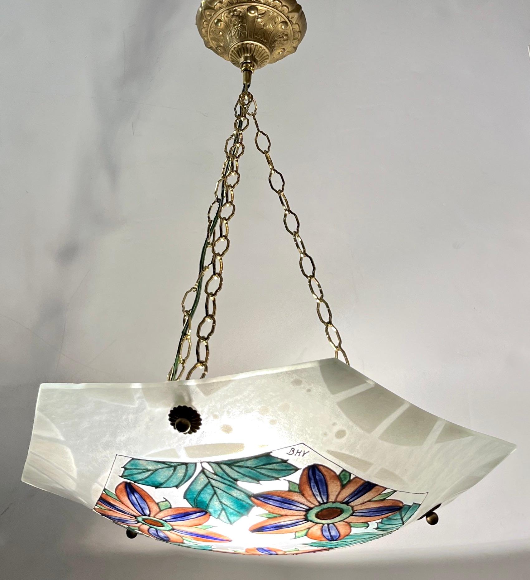 Art Deco 1930 French White Turquoise PinK Enamel Art Glass Brass Chain Pendant Chandelier For Sale
