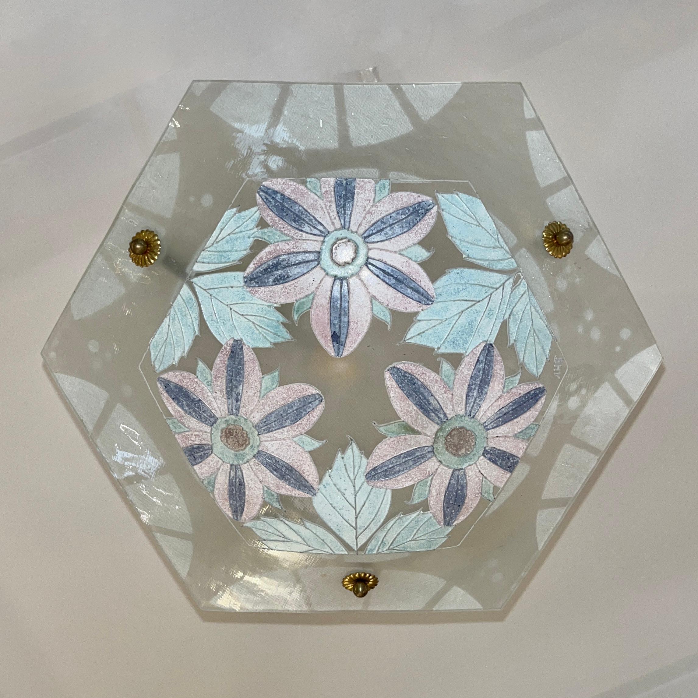 1930 French White Turquoise PinK Enamel Art Glass Brass Chain Pendant Chandelier In Excellent Condition For Sale In New York, NY