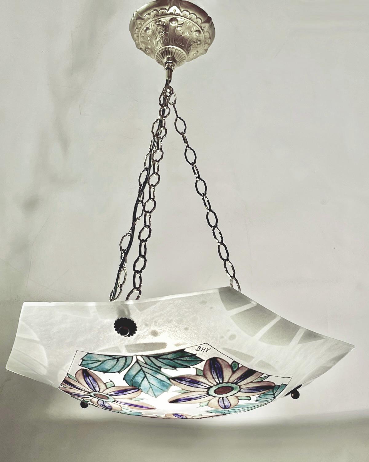 1930 French White Turquoise PinK Enamel Art Glass Brass Chain Pendant Chandelier For Sale 3