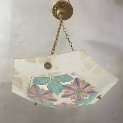 1930 French White Turquoise PinK Enamel Art Glass Brass Chain Pendant Chandelier