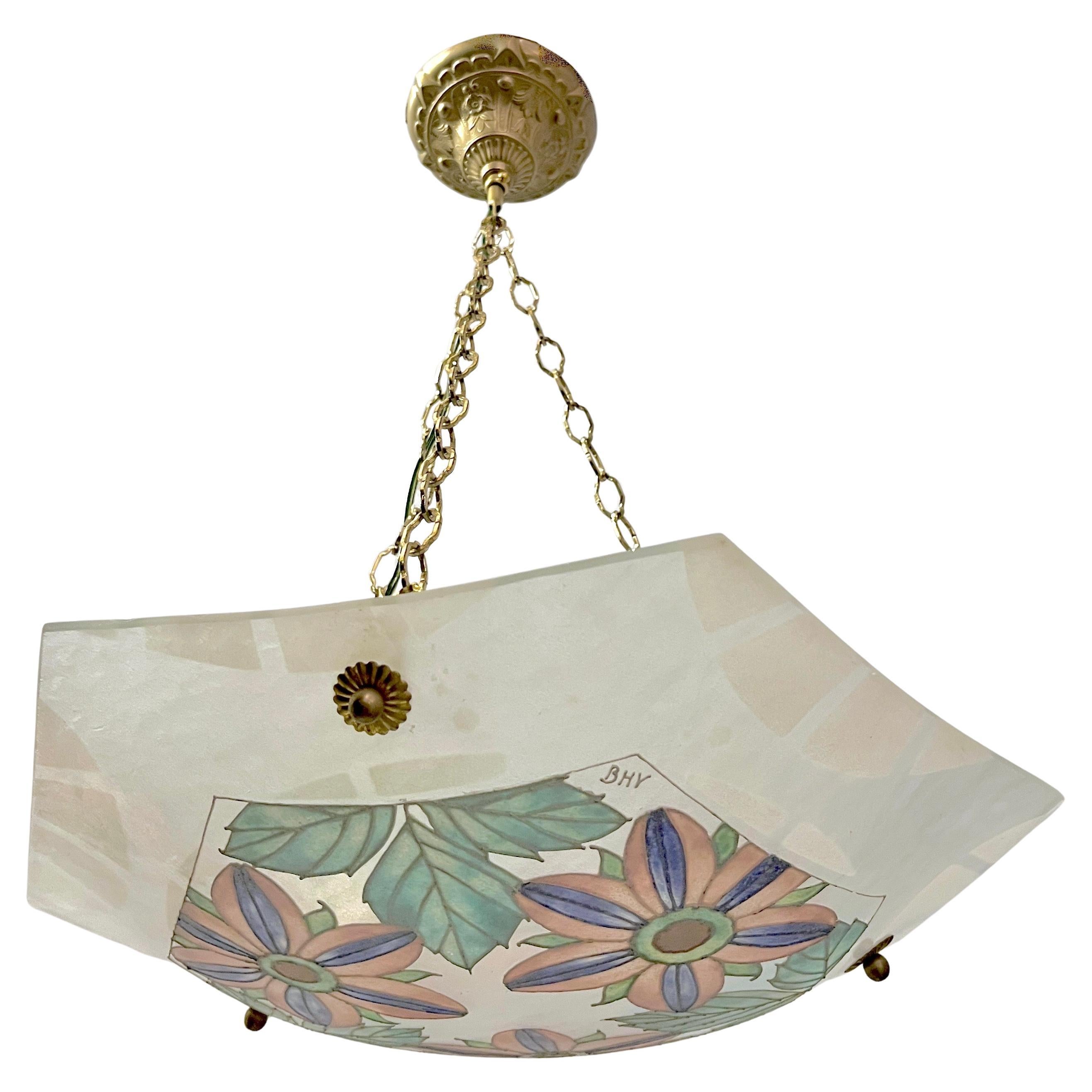 1930 French White Turquoise PinK Enamel Art Glass Brass Chain Pendant Chandelier in vendita