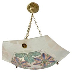 1930 Candelabro francés blanco turquesa PinK esmalte de vidrio artístico Cadena de latón colgante