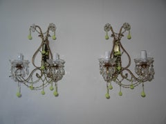 1930 French Yellow Opaline Drops Beaded Murano Mirrors Beaded Swags Sconces