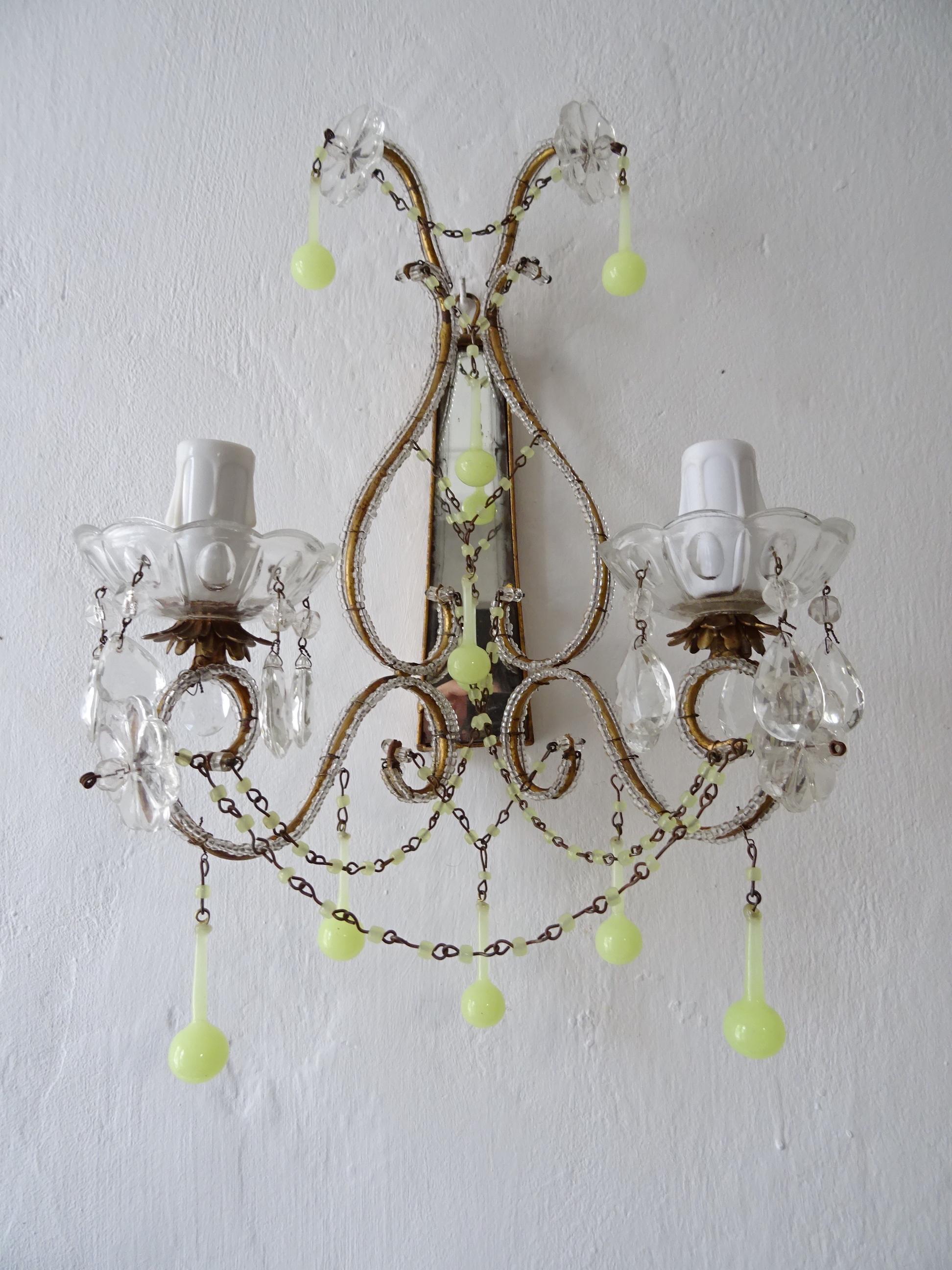 Crystal 1930 French Yellow Opaline Drops Beaded Murano Mirrors Beaded Swags Sconces For Sale