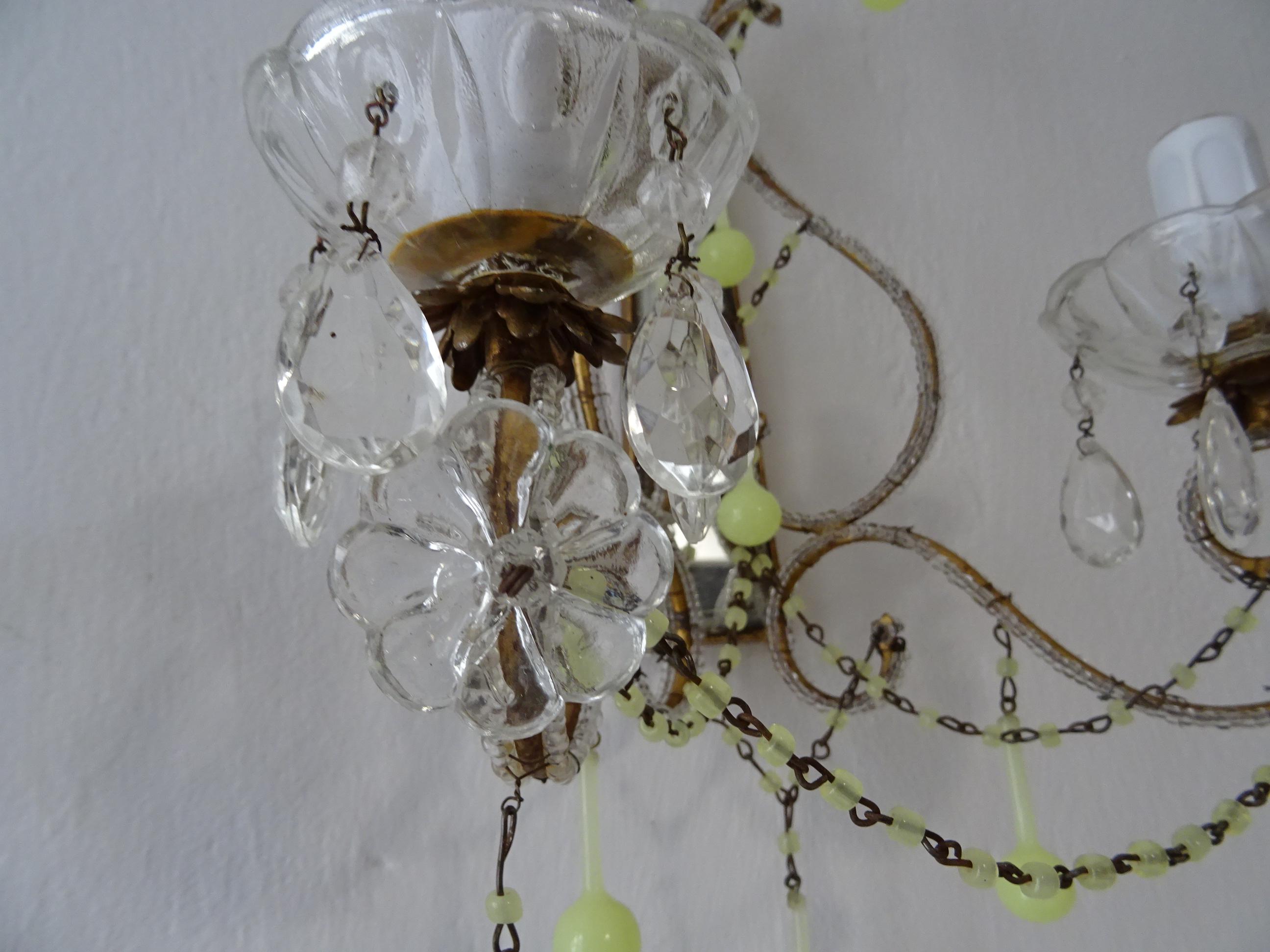 1930 French Yellow Opaline Drops Beaded Murano Mirrors Beaded Swags Sconces For Sale 2