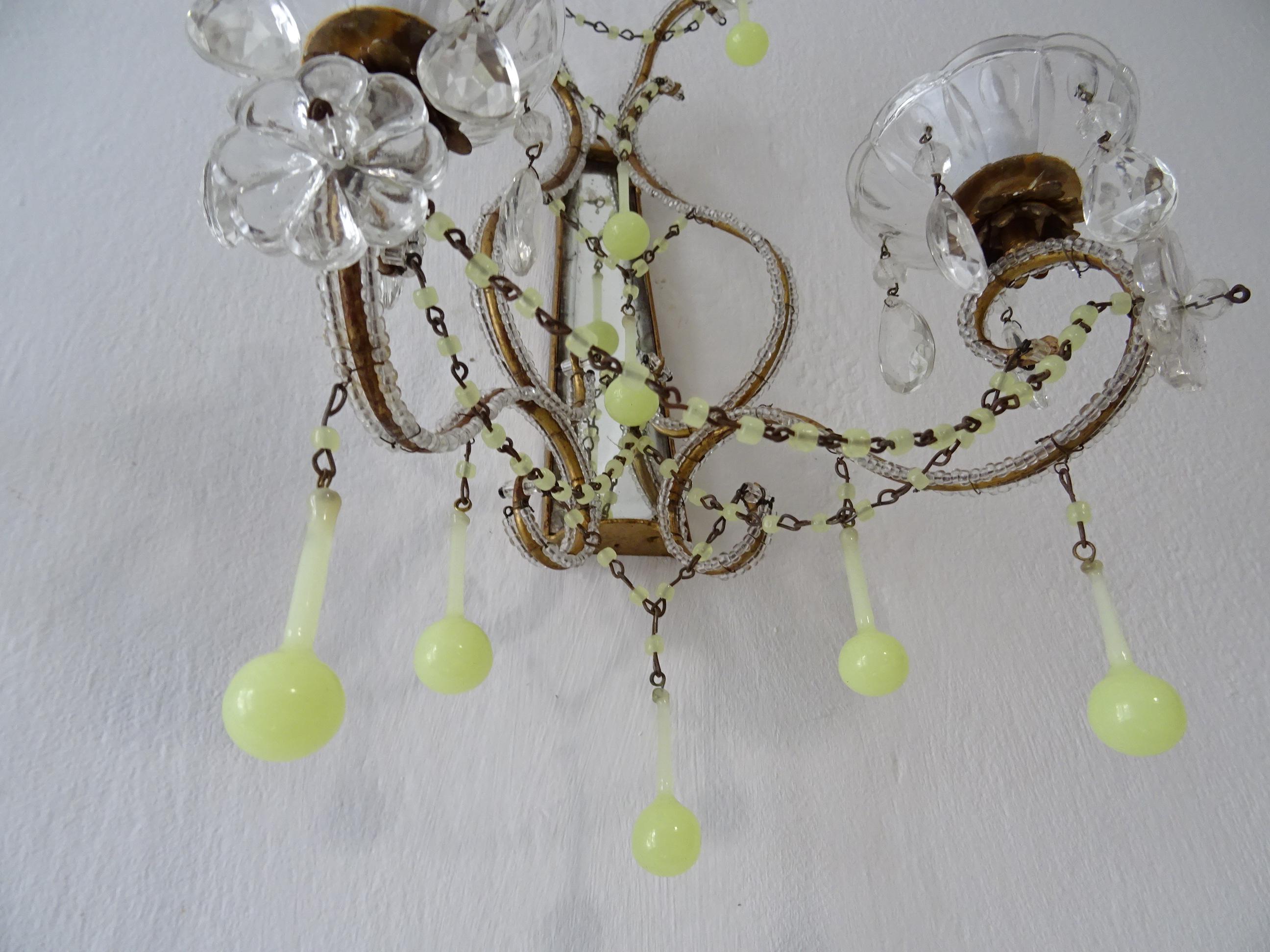 1930 French Yellow Opaline Drops Beaded Murano Mirrors Beaded Swags Sconces For Sale 3