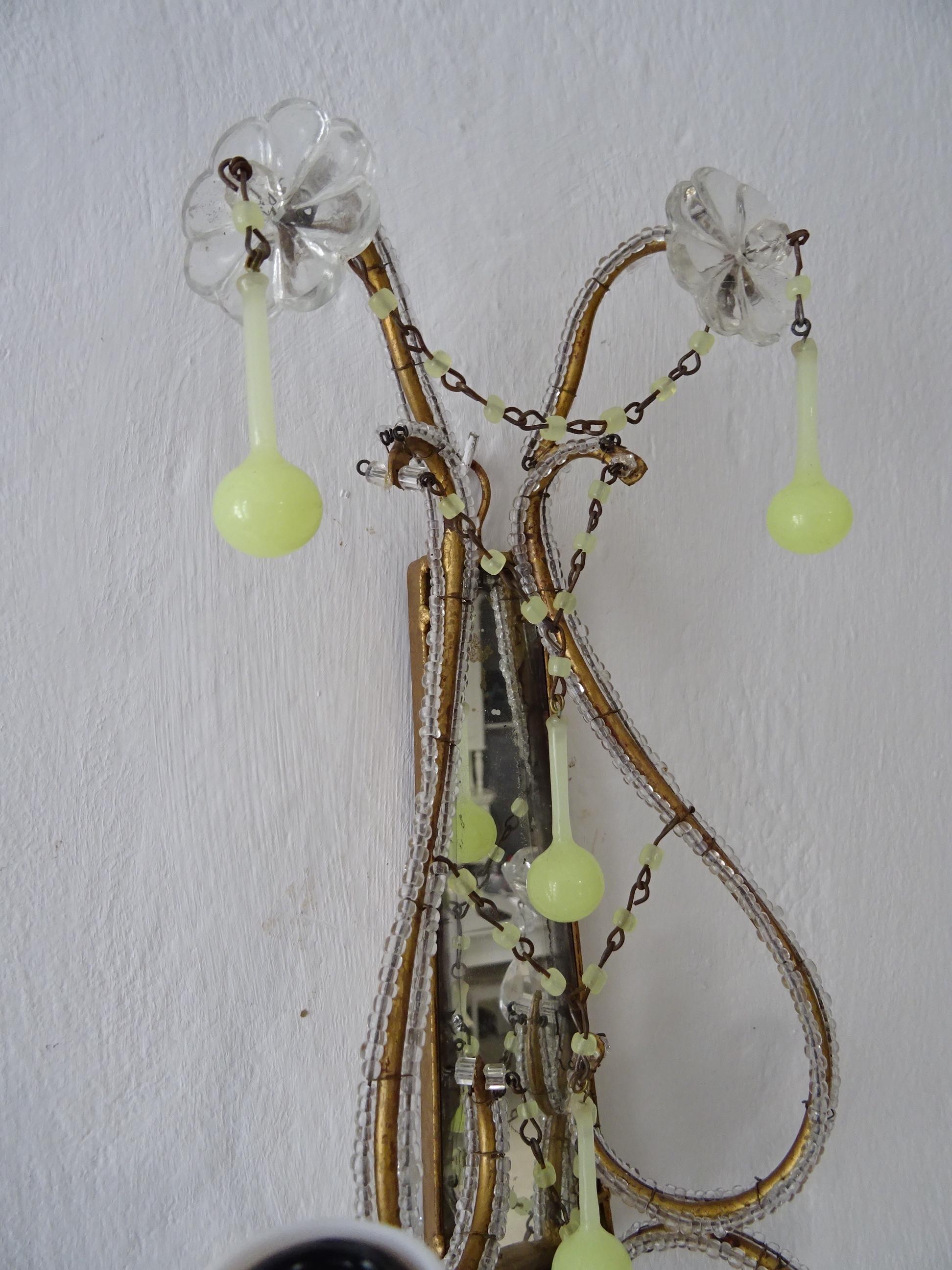 1930 French Yellow Opaline Drops Beaded Murano Mirrors Beaded Swags Sconces For Sale 4