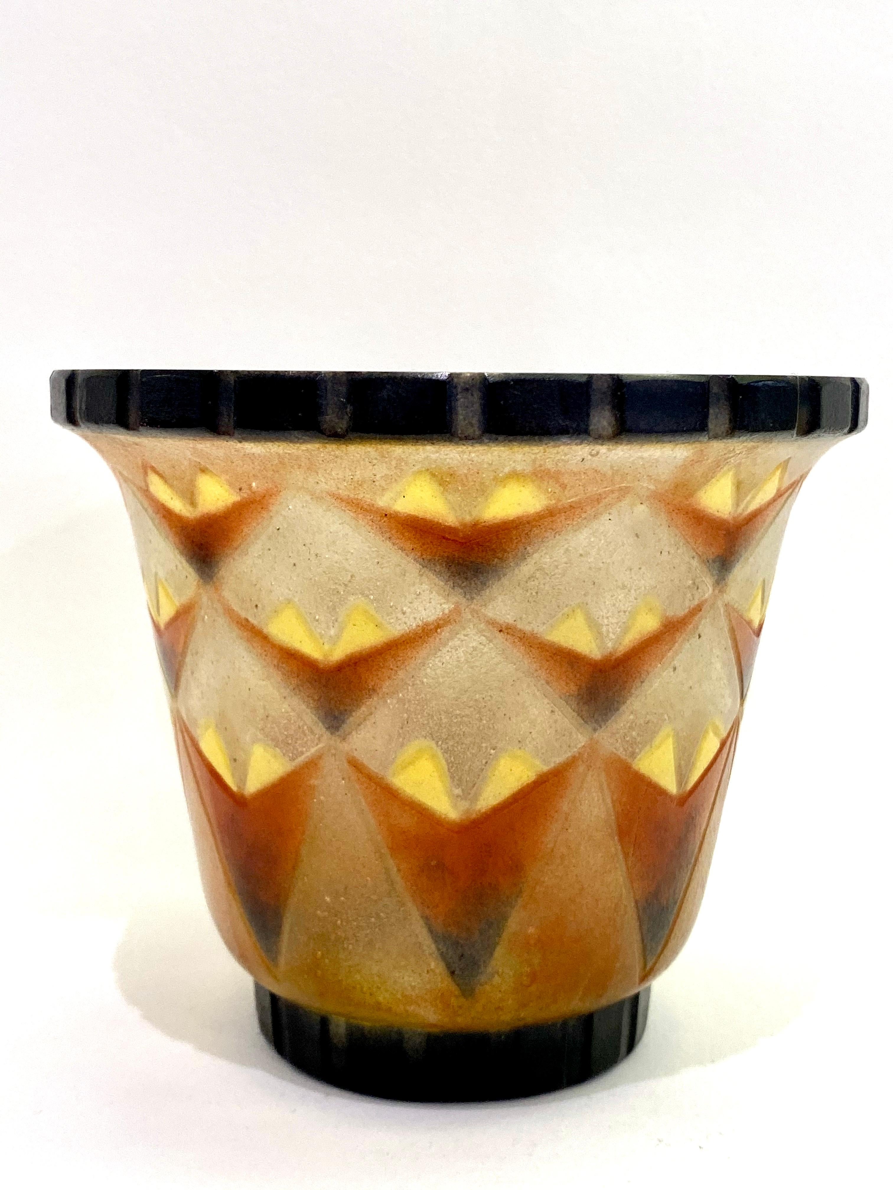 Art Deco 1930 Gabriel Argy-Rousseau Vase à Palmettes Triangulaires Pate de Verre Glass