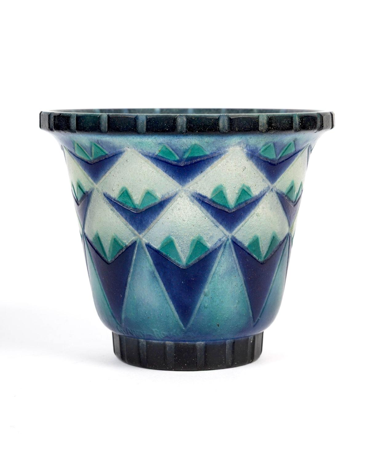 1930 Gabriel Argy-Rousseau Vase Palmettes Triangulaires Pate de Verre Glass (Art déco) im Angebot