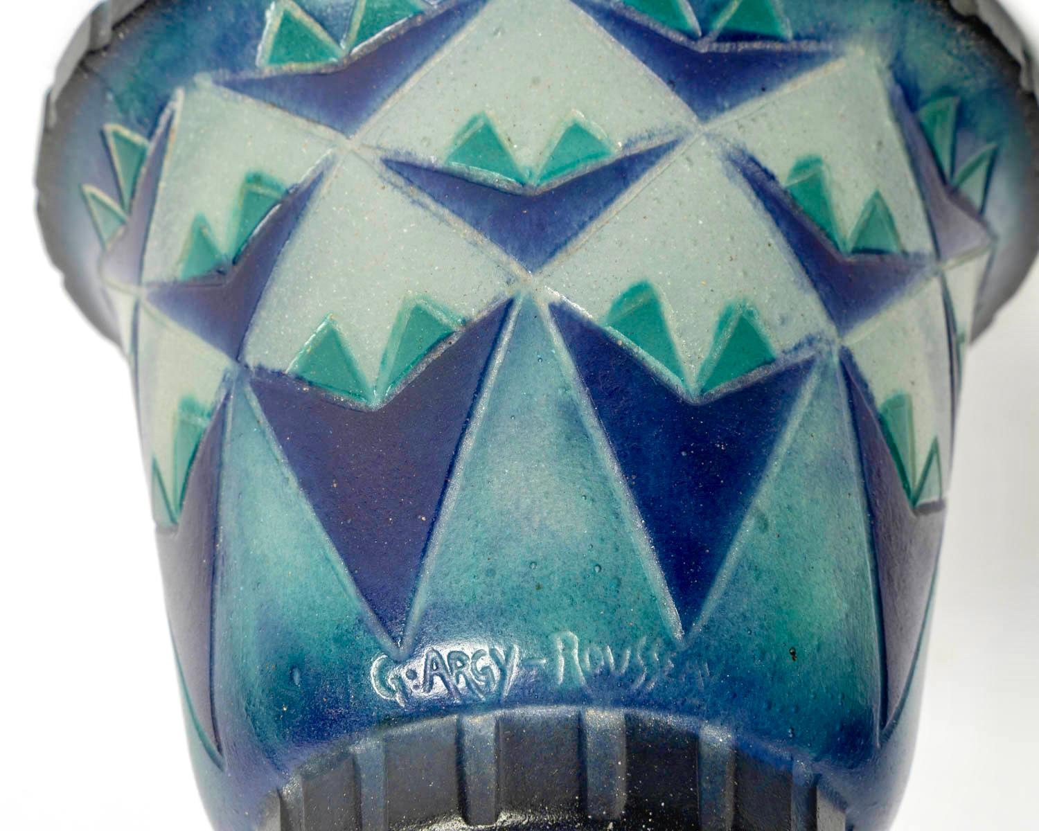 1930 Gabriel Argy-Rousseau Vase Palmettes Triangulaires Pate de Verre Glass (Mitte des 20. Jahrhunderts) im Angebot