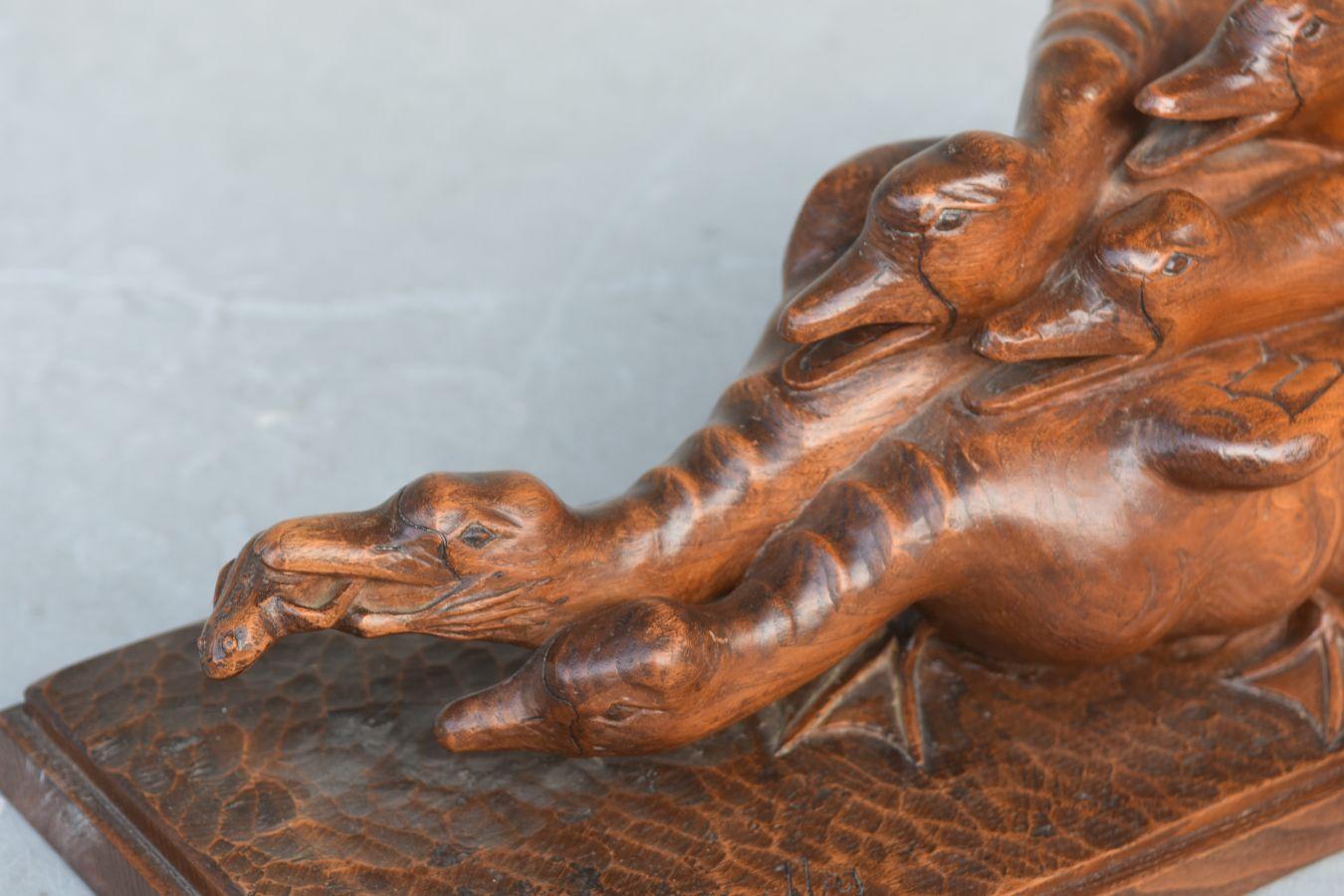 Mid-20th Century 1930 Geese Fighting Over a Frog by H. Petrilly Art Deco Wooden Sculpture For Sale
