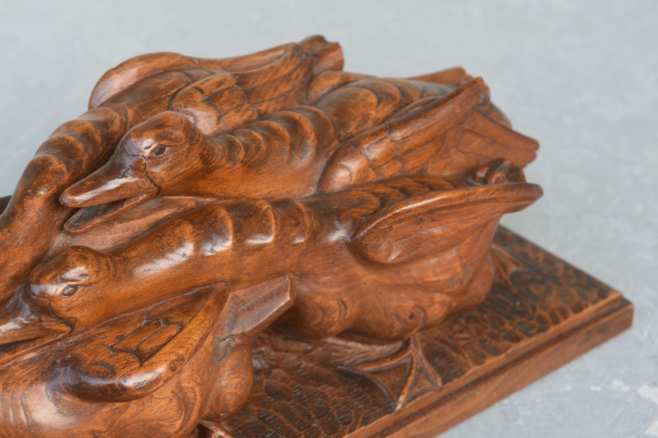 1930 Geese Fighting Over a Frog by H. Petrilly Art Deco Wooden Sculpture For Sale 1