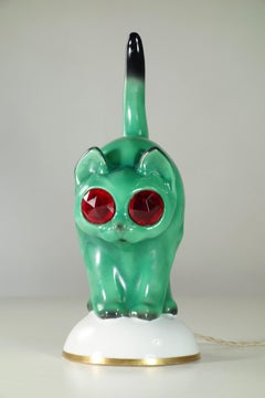 1930 Goebel Art Deco Green Porcelain Cat Table Lamp