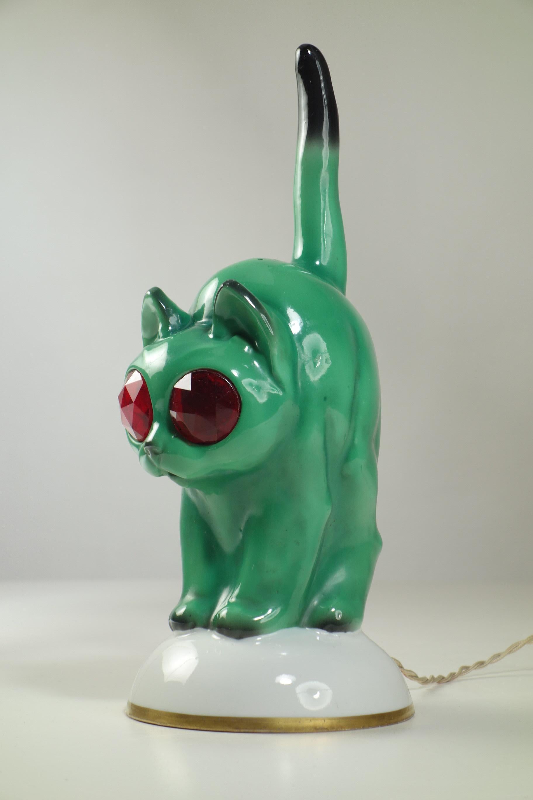 German 1930 Goebel Art Deco Green Porcelain Cat Table Lamp