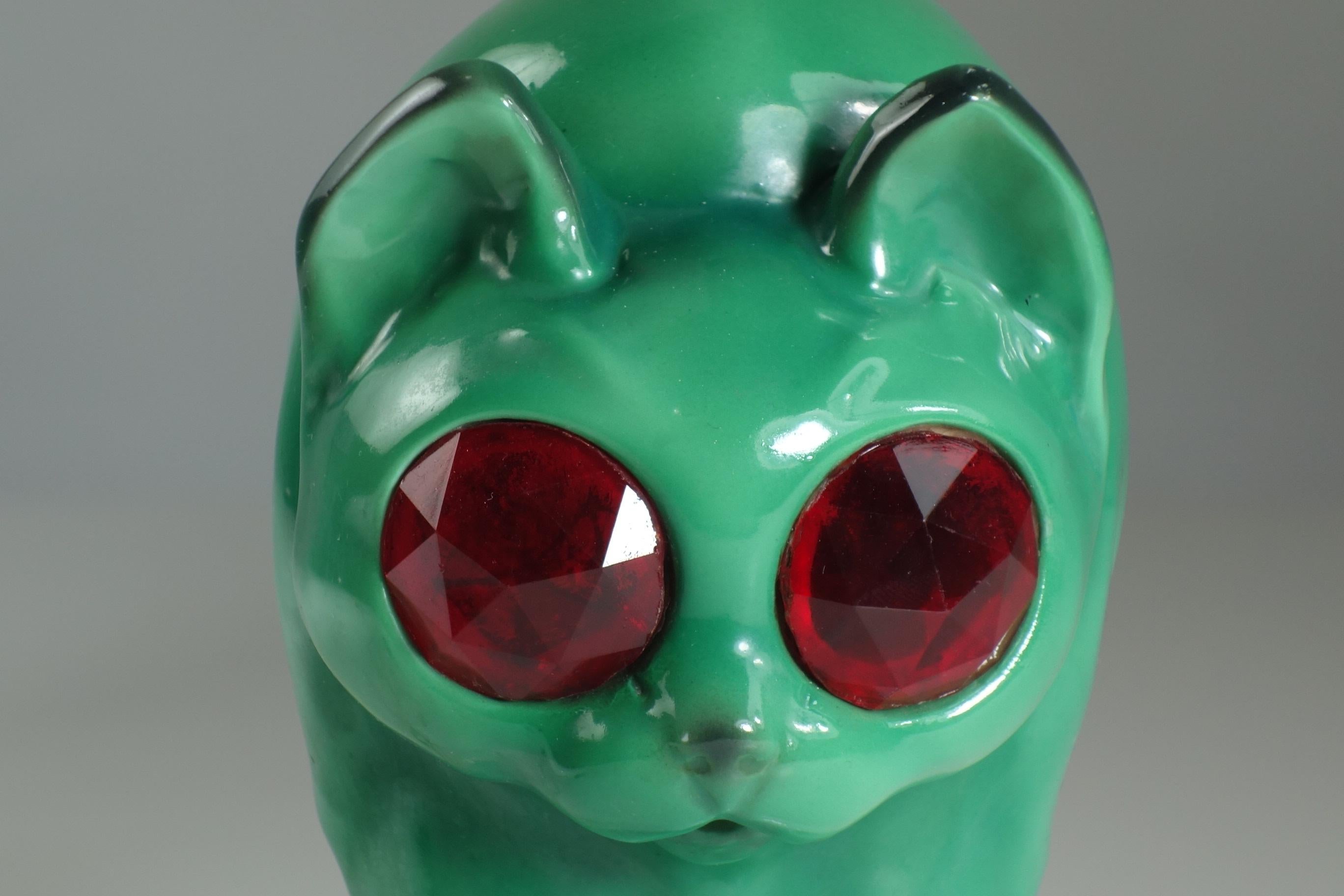 1930 Goebel Art Deco Green Porcelain Cat Table Lamp In Good Condition In Brescia, IT
