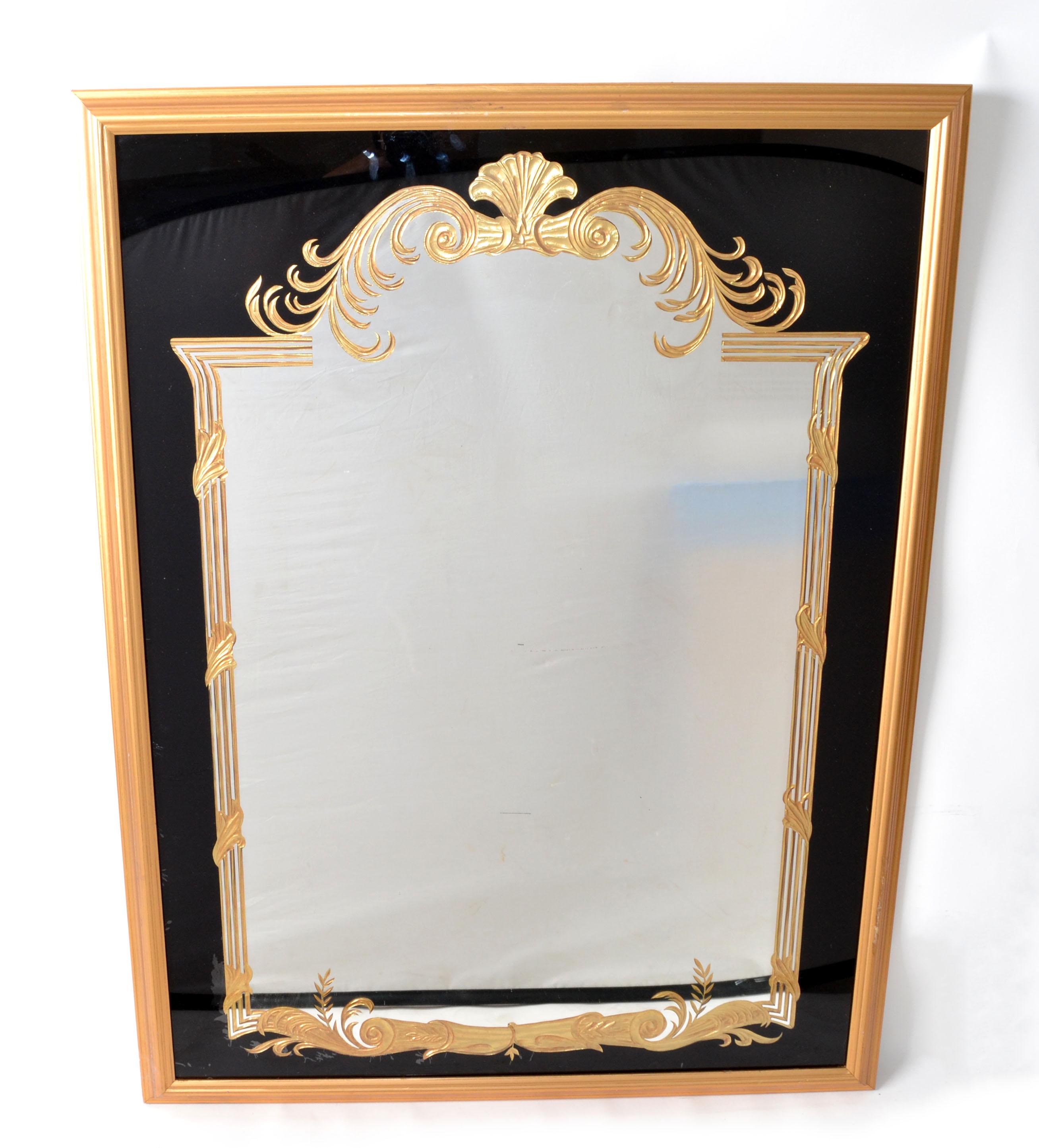 1930 Gold Encrusted Etching French Style Hand Carved Gilt Wall Mirror For Sale 6