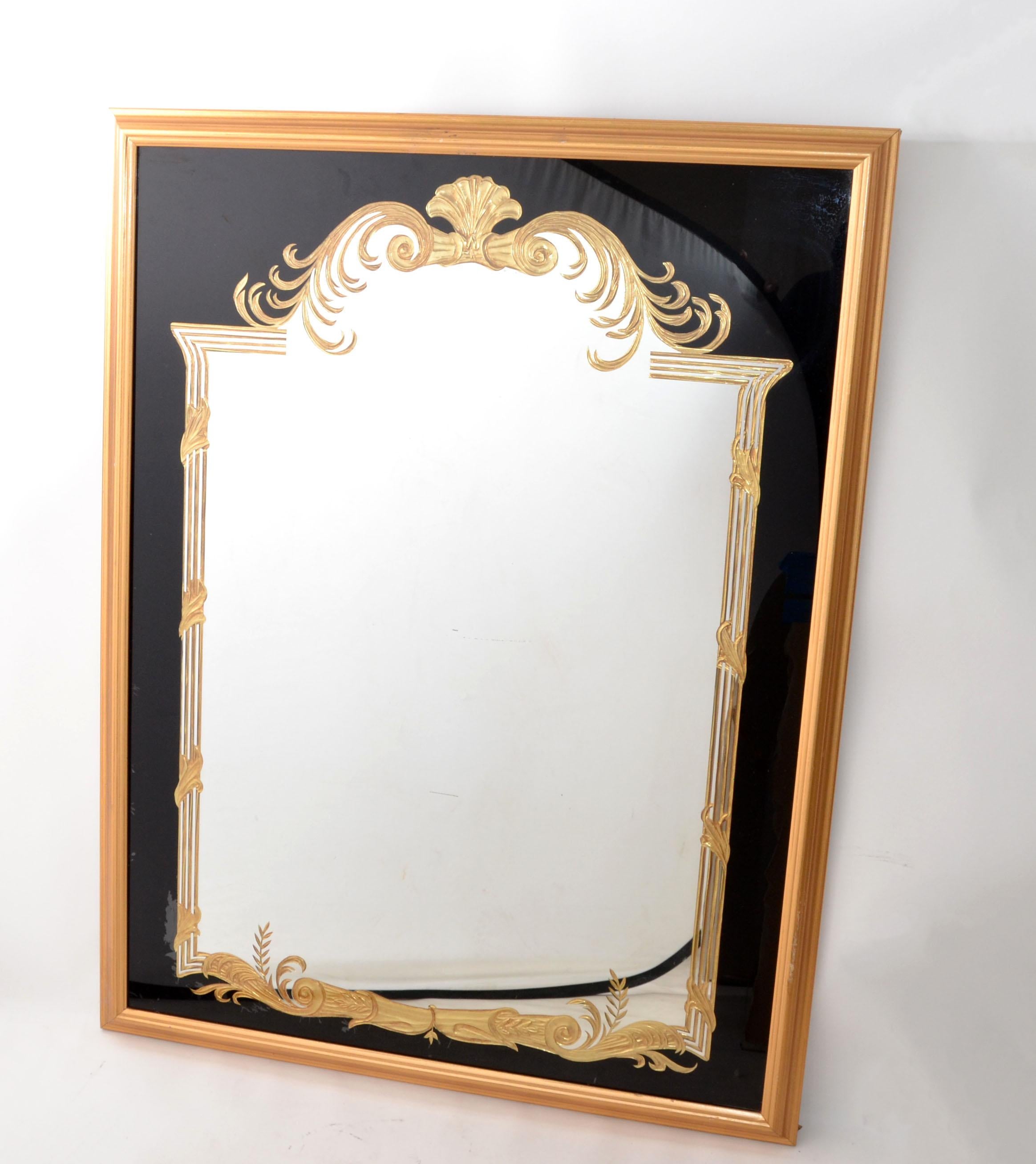 Art Deco 1930 Gold Encrusted Etching French Style Hand Carved Gilt Wall Mirror For Sale