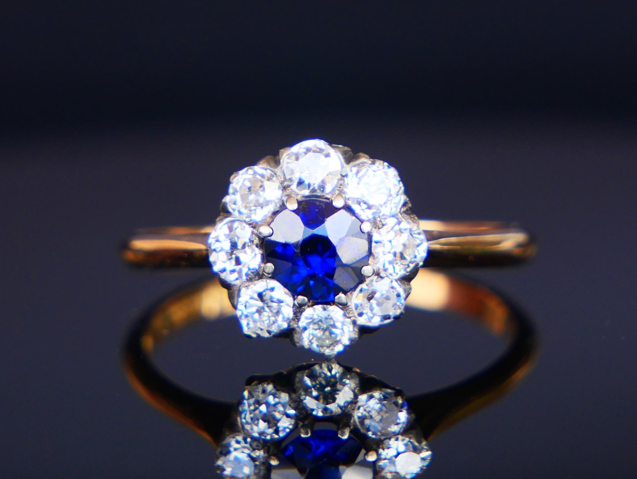 1930 Halo Ring natürlich 0.45ct Saphir ctw. 0.65ctw Diamanten 18K Gold/ØUS6/2.25g im Angebot 5