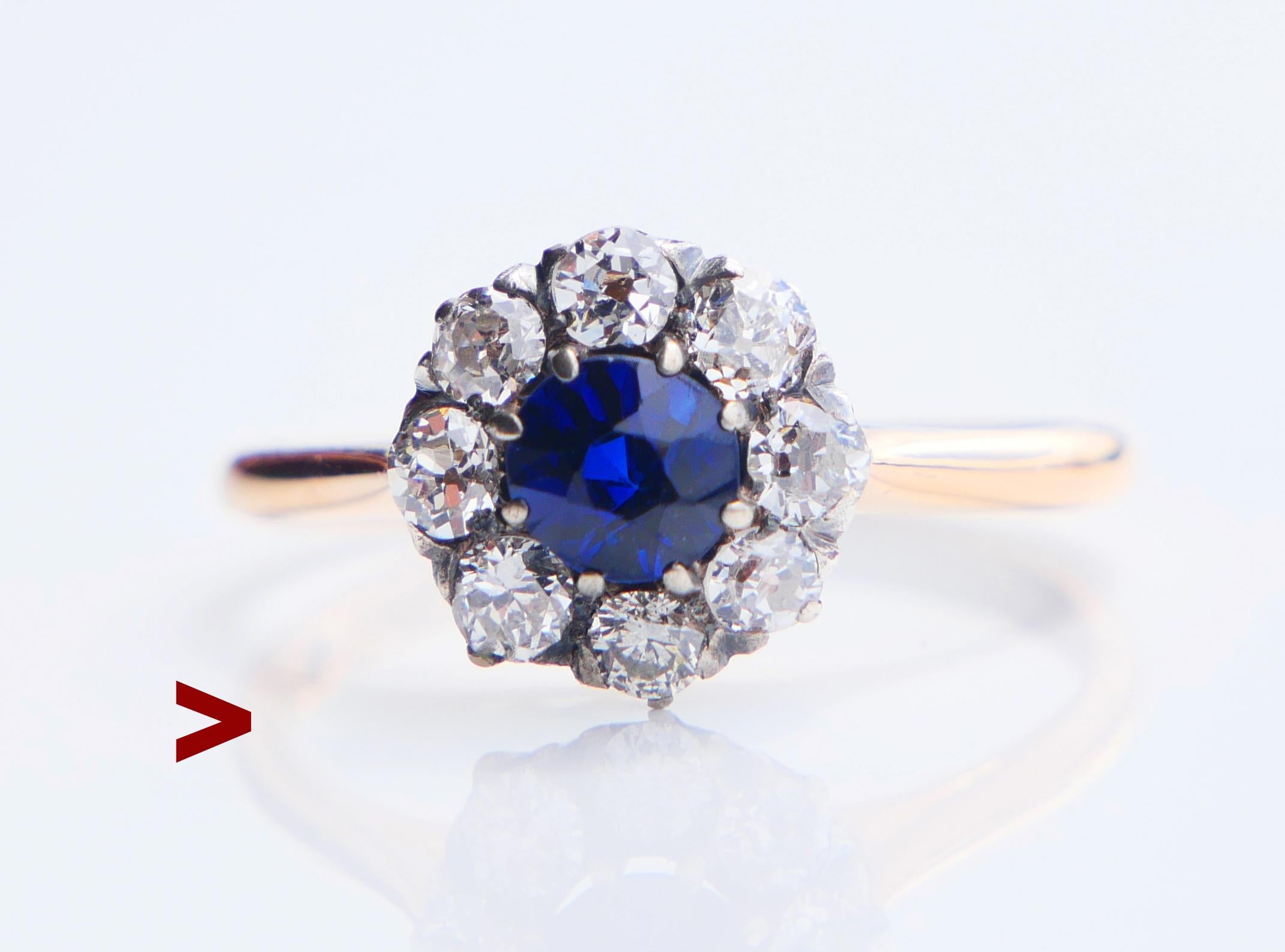 Schöner Halo Ring in massivem 18K Gelbgold mit natürlichem blauem Saphir und 8 Diamanten in Weißgold / oder Platinfassung.

 Schwedische Punzen, Hersteller ist G.A. Dalberg ,Stockholm - tätig 1917 - 1954.  18K. Jahreskombination D8 / Hand -