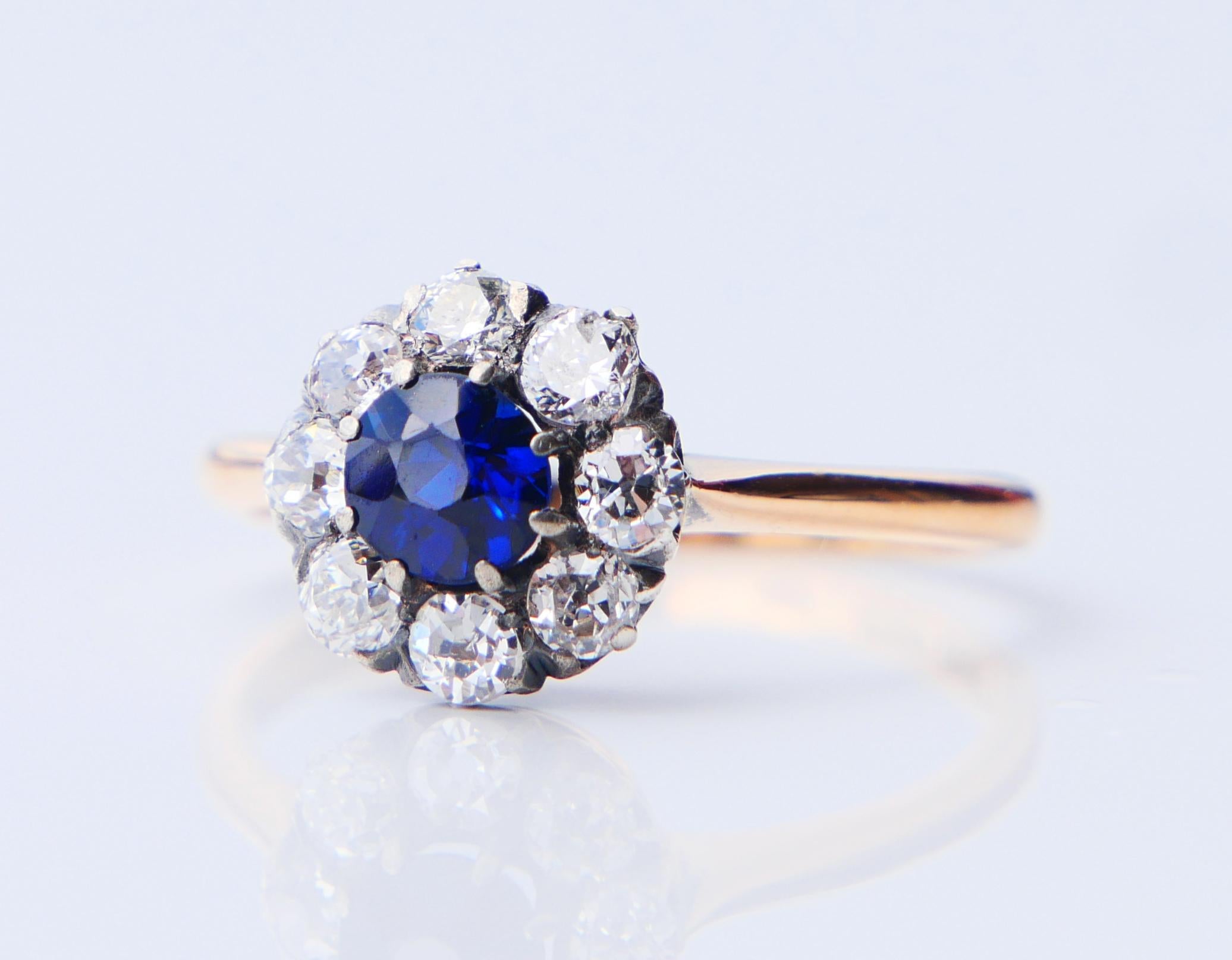1930 Halo Ring natürlich 0.45ct Saphir ctw. 0.65ctw Diamanten 18K Gold/ØUS6/2.25g (Art déco) im Angebot