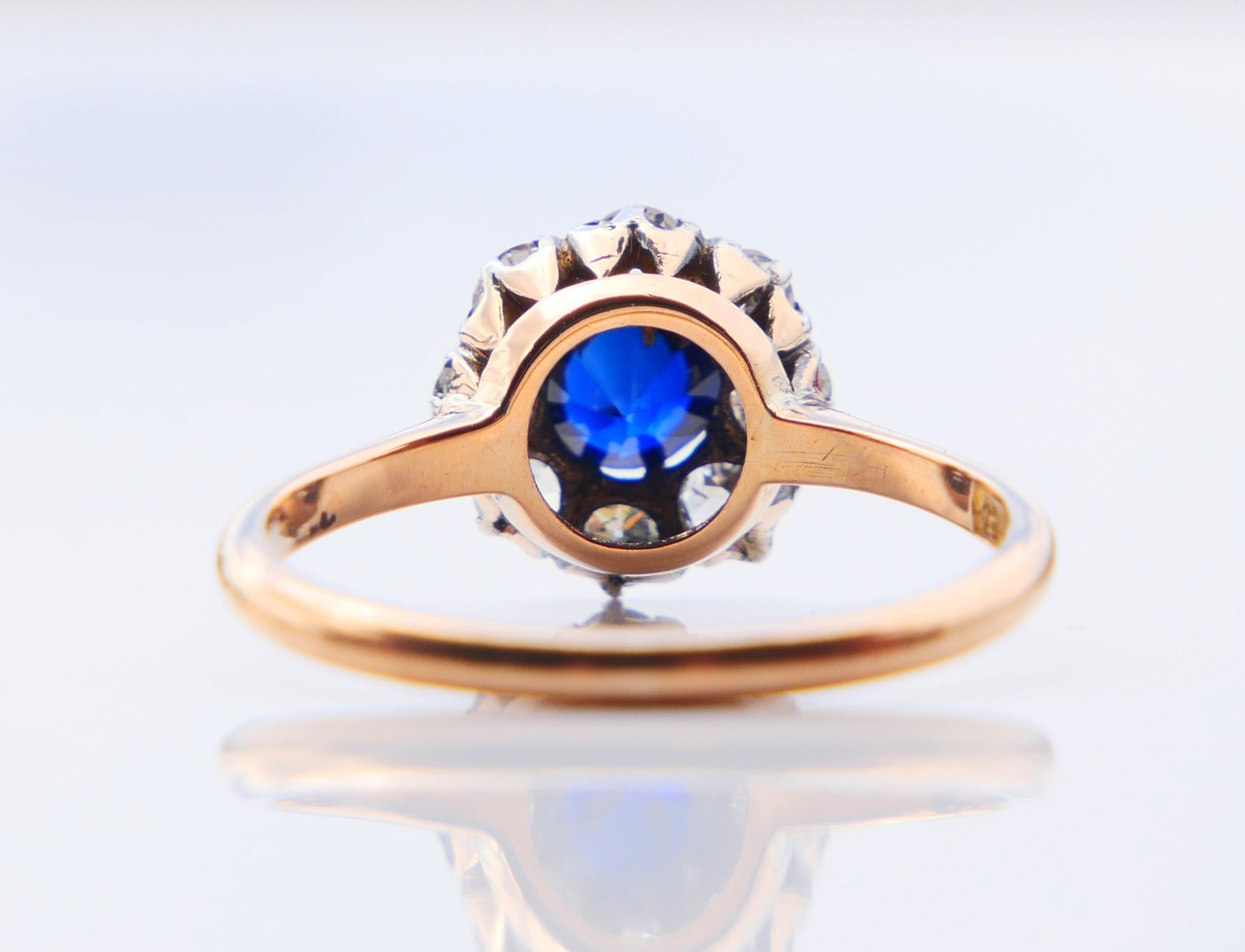 1930 Halo Ring natürlich 0.45ct Saphir ctw. 0.65ctw Diamanten 18K Gold/ØUS6/2.25g (Alteuropäischer Schliff) im Angebot