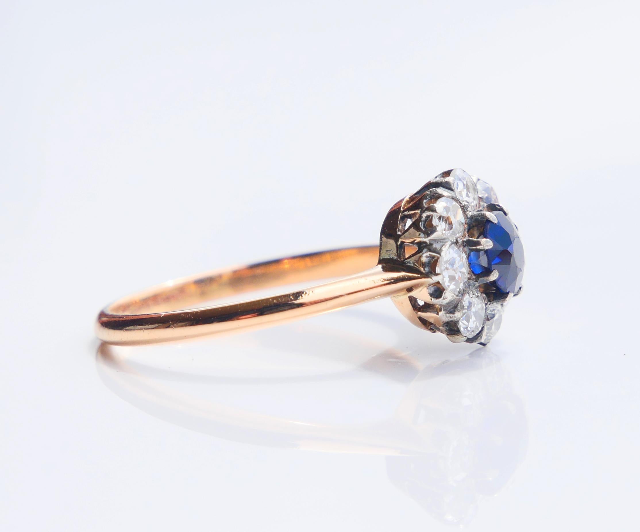 1930 Halo Ring natürlich 0.45ct Saphir ctw. 0.65ctw Diamanten 18K Gold/ØUS6/2.25g Damen im Angebot