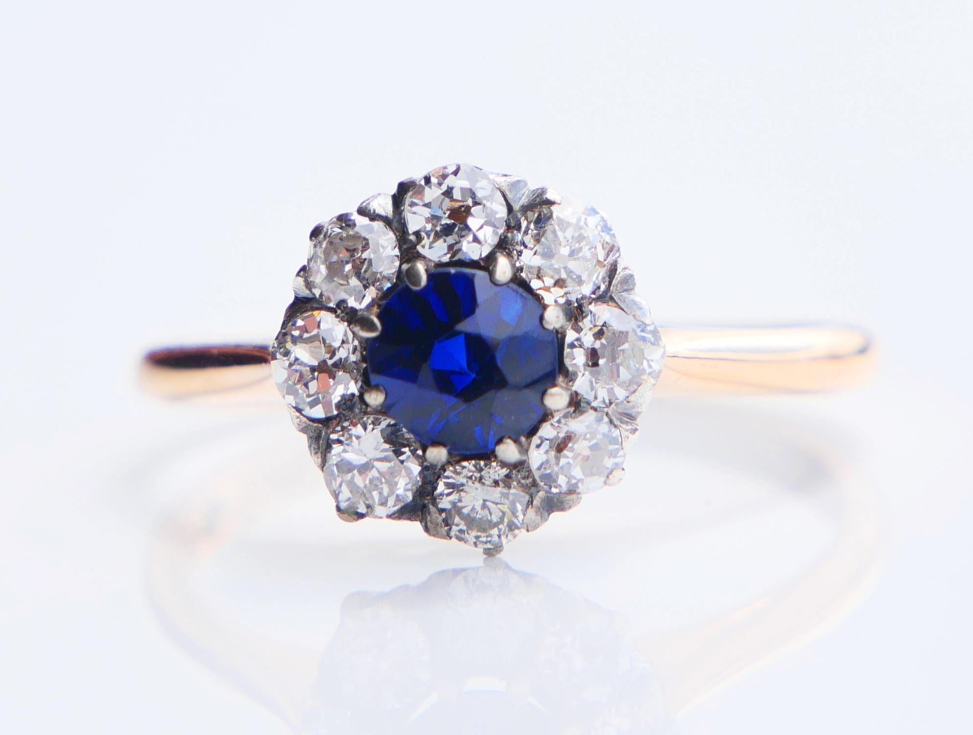 1930 Halo Ring natürlich 0.45ct Saphir ctw. 0.65ctw Diamanten 18K Gold/ØUS6/2.25g im Angebot 2
