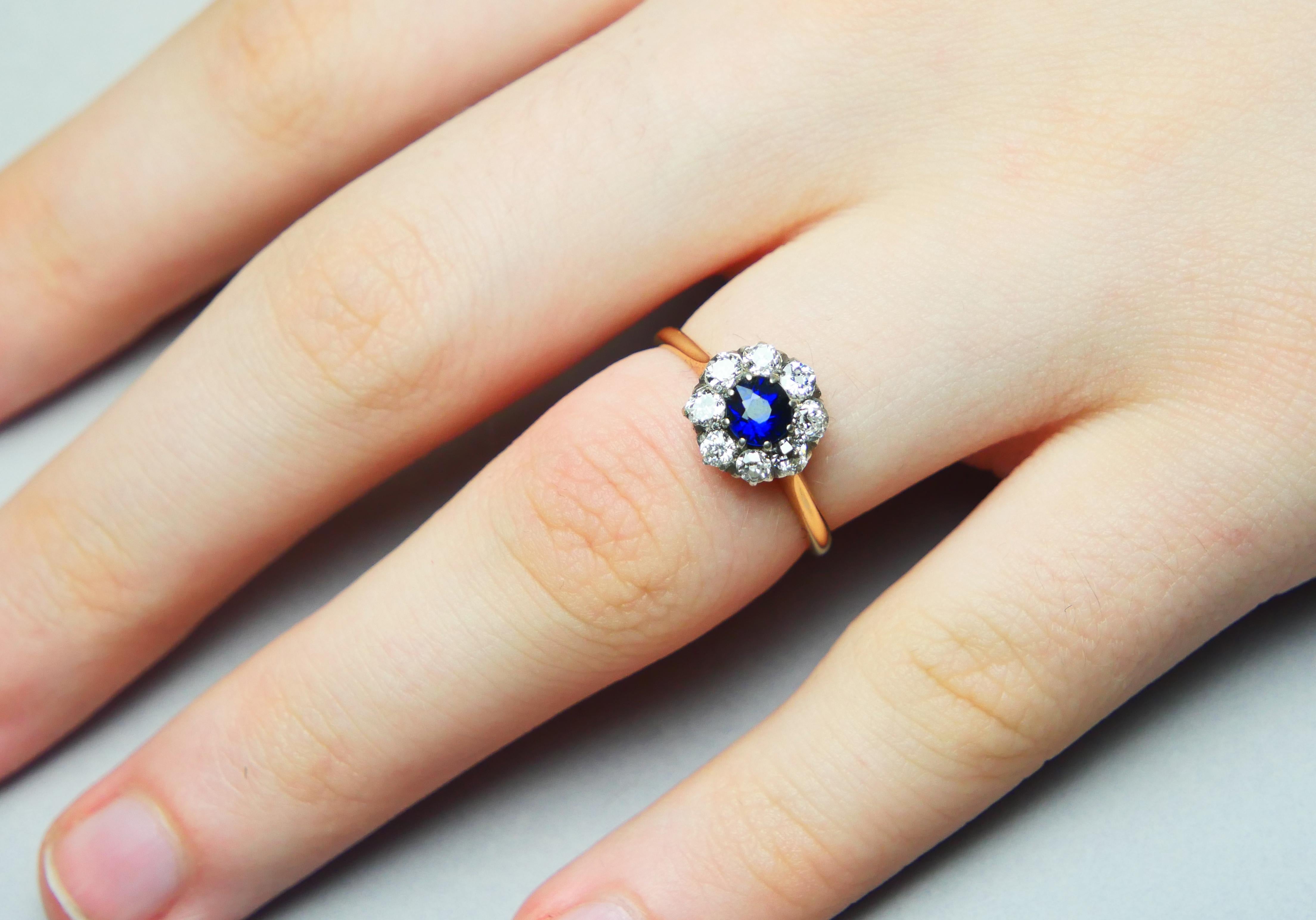 1930 Halo Ring natürlich 0.45ct Saphir ctw. 0.65ctw Diamanten 18K Gold/ØUS6/2.25g im Angebot 3