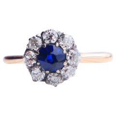 1930 Halo Ring natural 0.45ct Sapphire ctw. 0.65ctw Diamonds 18K Gold/ØUS6/2.25g