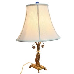 1930 Hollywood Regency Cast Bronze Scrolling Griffin Table Lamp w/ Lamp Shade