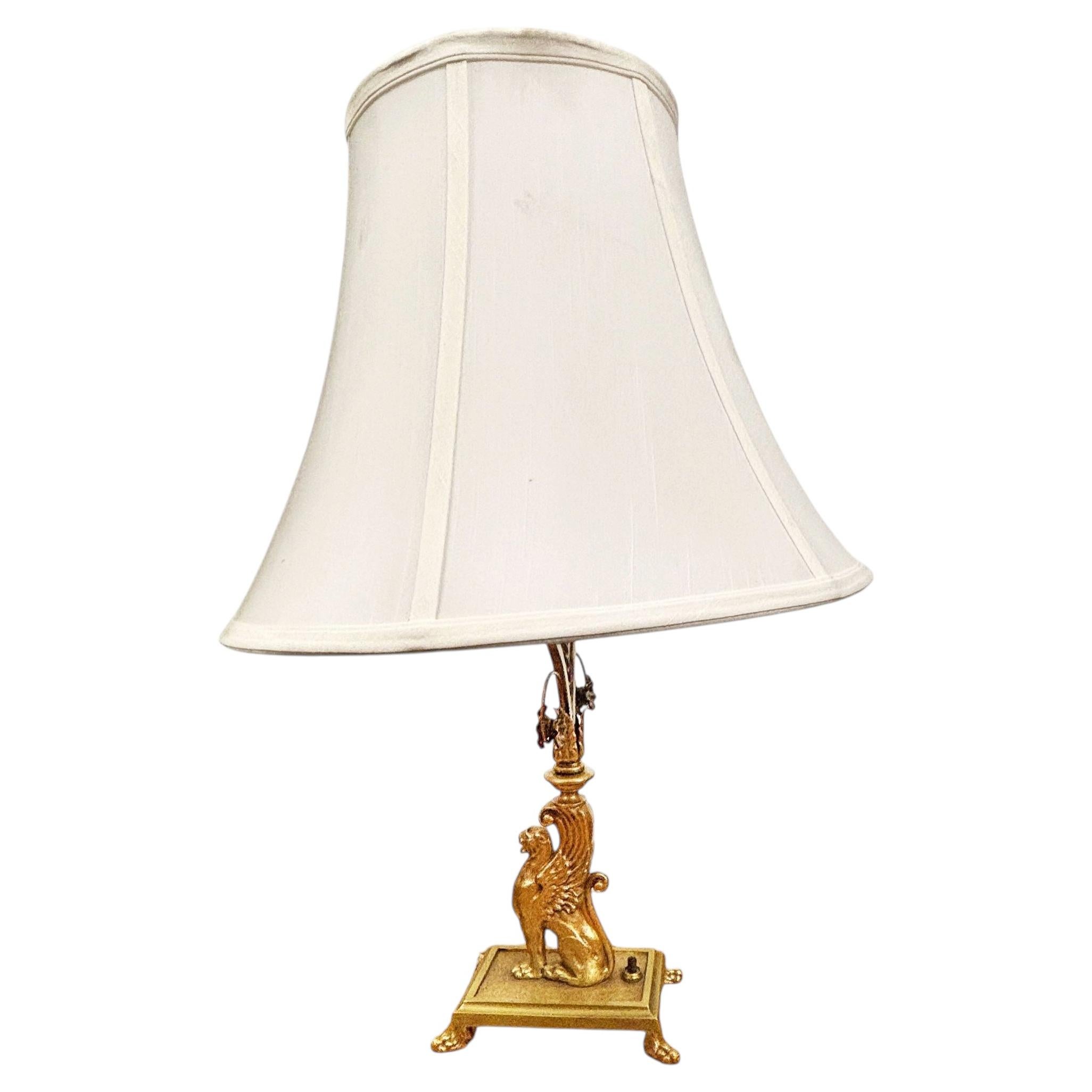 1930 Hollywood Regency Cast Bronze Scrolling Griffin Table Lamp w/ Lamp Shade For Sale
