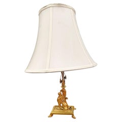 1930 Hollywood Regency Cast Bronze Scrolling Griffin Table Lamp w/ Lamp Shade